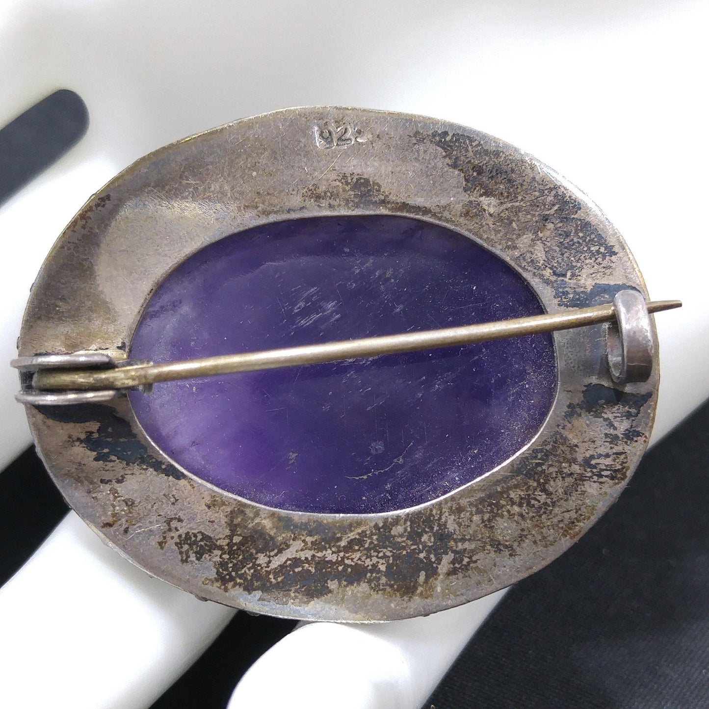 Antique Silver Purple Amethyst Brooch, Stamped 925, C Clasp, 1920s Vintage Jewelry