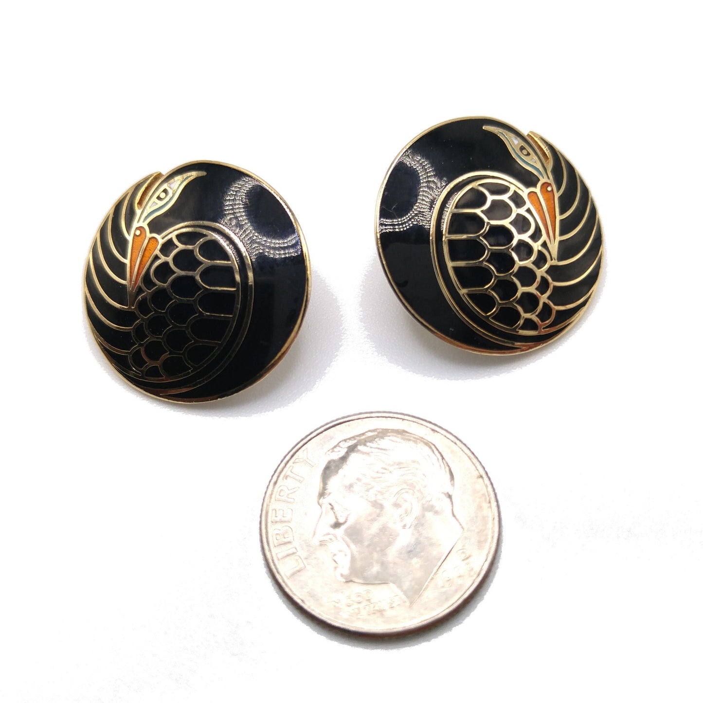 Laurel Burch "Mynah Bird" Black Clip Earrings, Gold Plated, 1980s Vintage