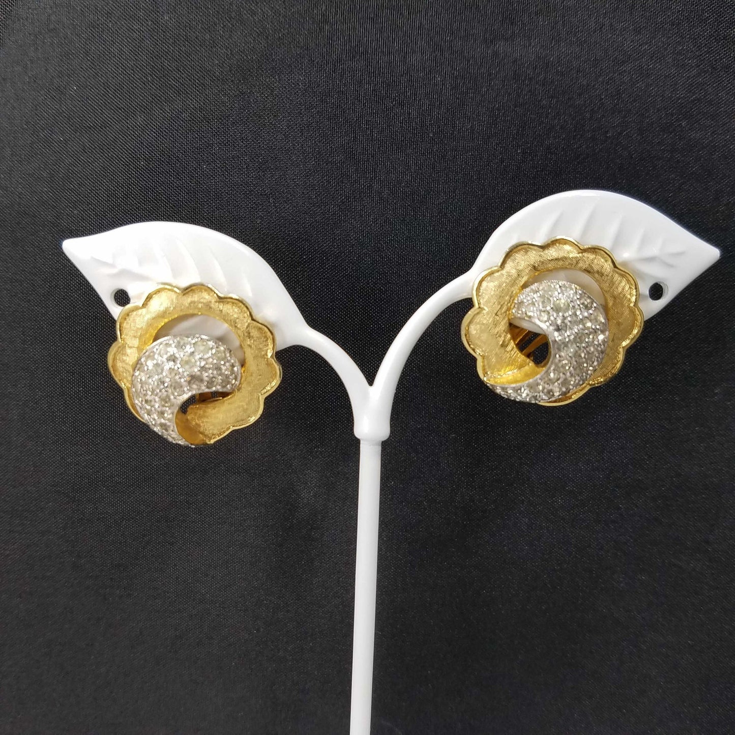 Vintage Jomaz Gold Plated Rhinestone Clip Earrings, Scalloped Edges, 1940s