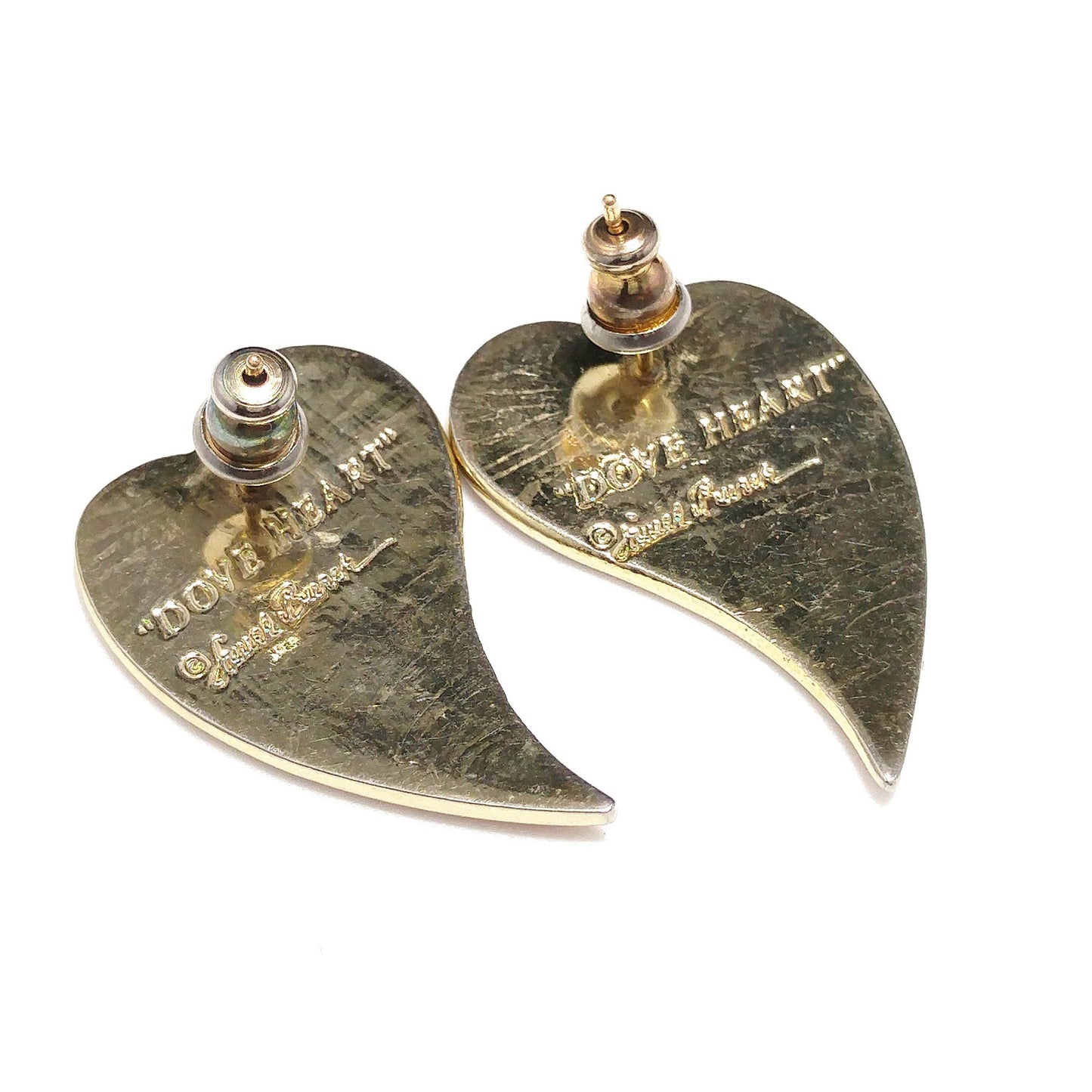Laurel Burch "Dove Heart" Post Earrings, Gold Plated, 1980s Vintage Jewelry