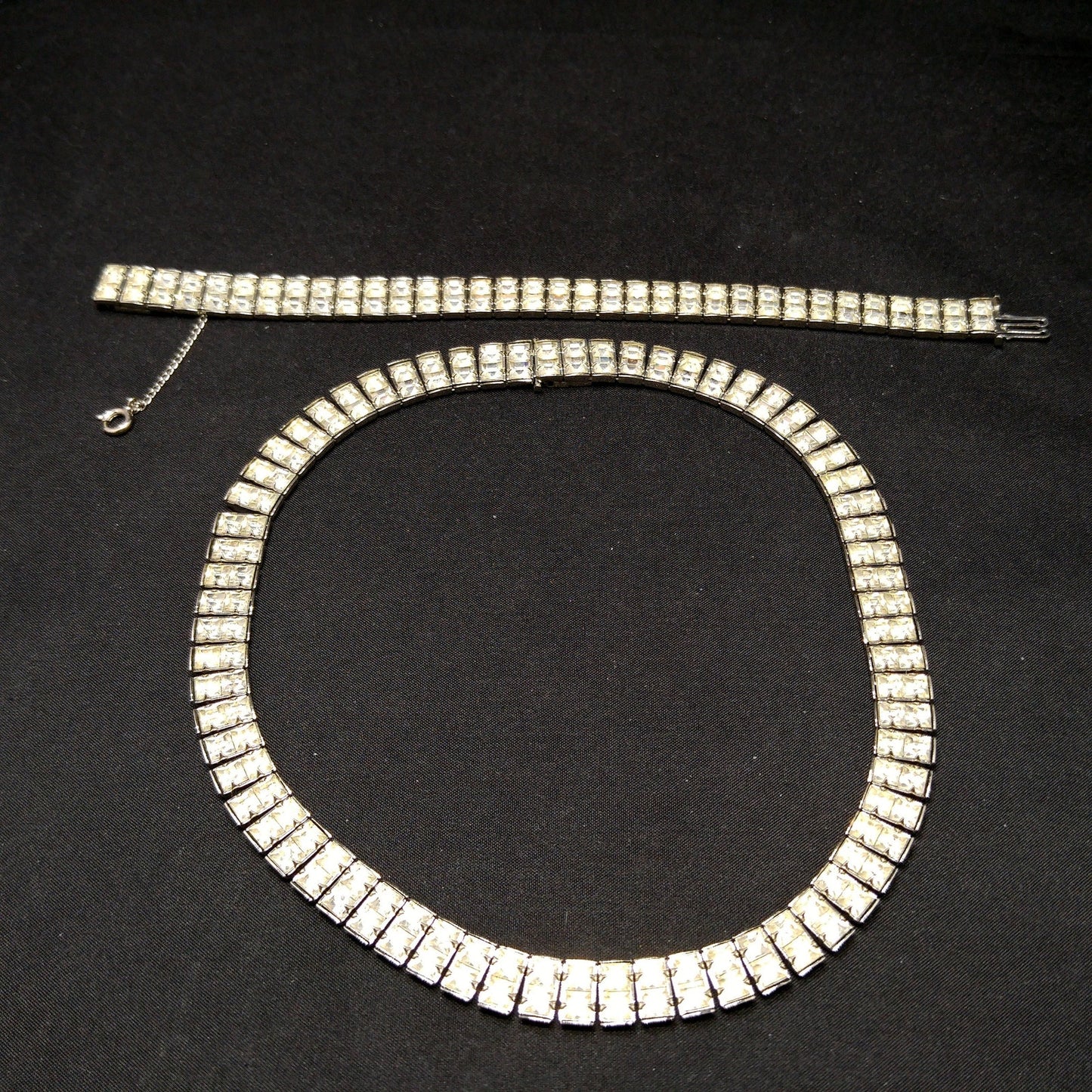 Art Deco Clear Rhinestone Choker Necklace Bracelet Set, Wedding Bridal, 1950s Vintage Jewelry
