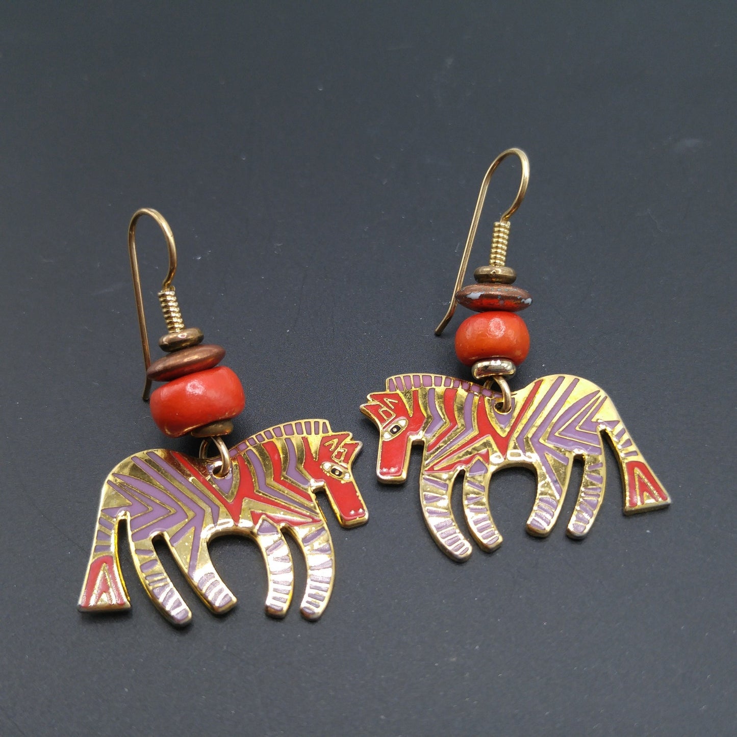 Laurel Burch "Wild Zebra" Earrings, Red Lavender Enamel, Gold Plated, 1980s Vintage Jewelry