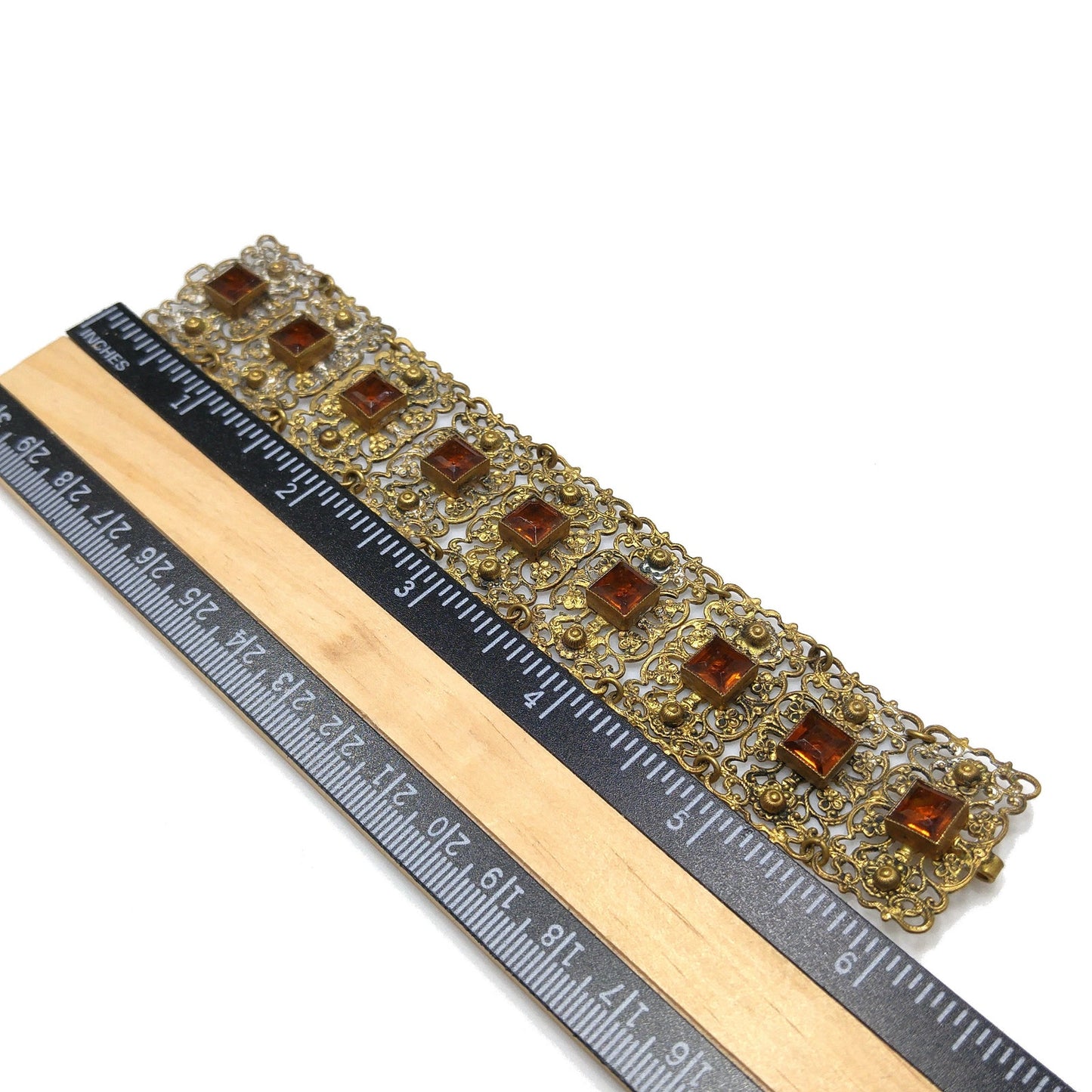 Vintage Filigree Topaz Glass Link Wide Bracelet, Built in Hook On Back, Antique 1920s Vintage Jewelry