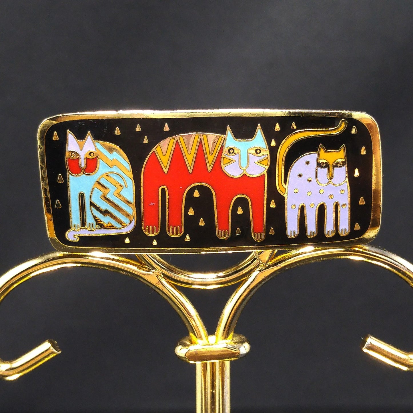 Laurel Burch "Fantastic Felines" Enamel Brooch, Gold Plated Cloisonne, 1980s