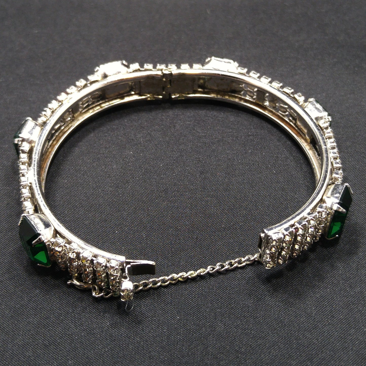 Kramer Green Rhinestone Hinged Bracelet, Safety Chain, 1960s Vintage Jewelry