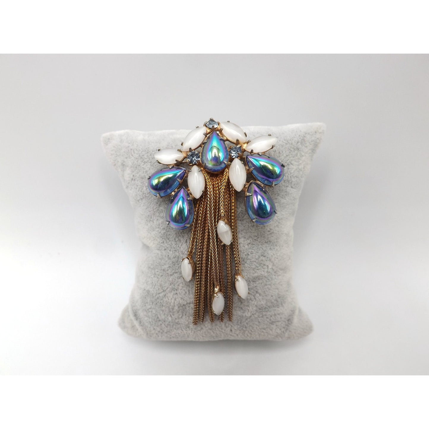 Iridescent Blue Gold Plated Fringe Brooch, White Art Glass Stones, 1960s Vintage Jewelry