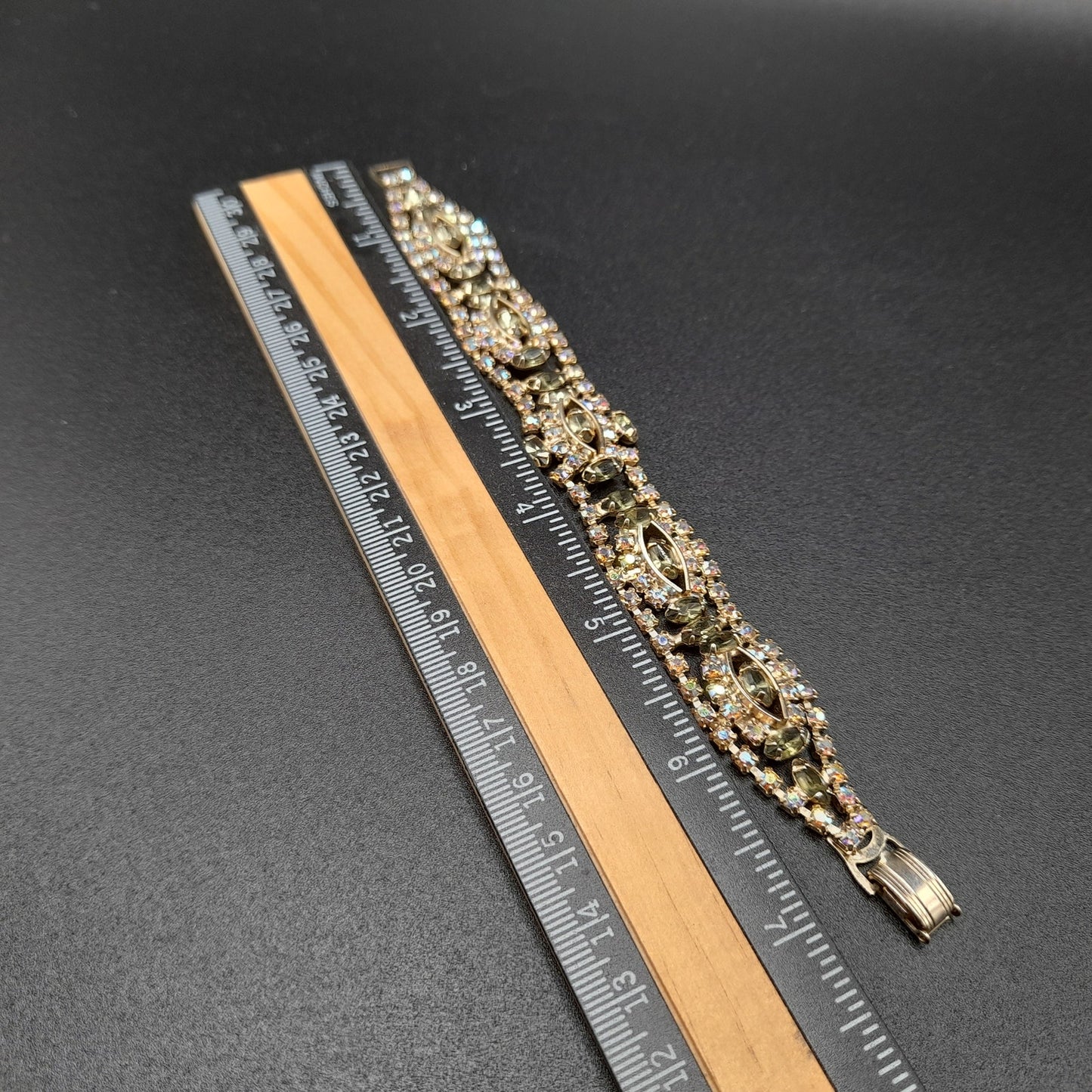 Green Aurora Borealis Rhinestone Bracelet, Mid-Century, 1950s Vintage Jewelry