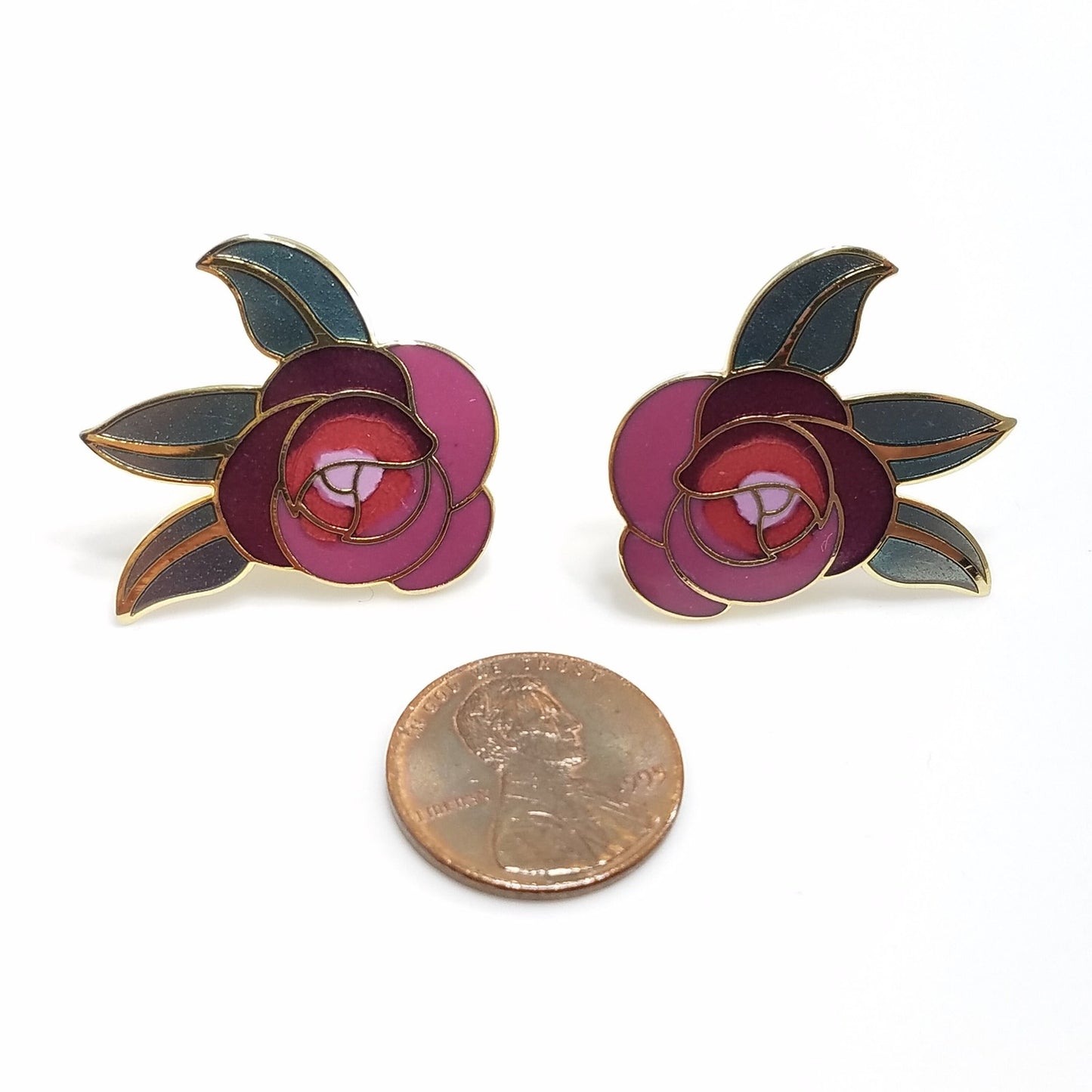Vintage Laurel Burch "Deco Rose" Earrings, Gold Cloisonne Posts, Gold Plated