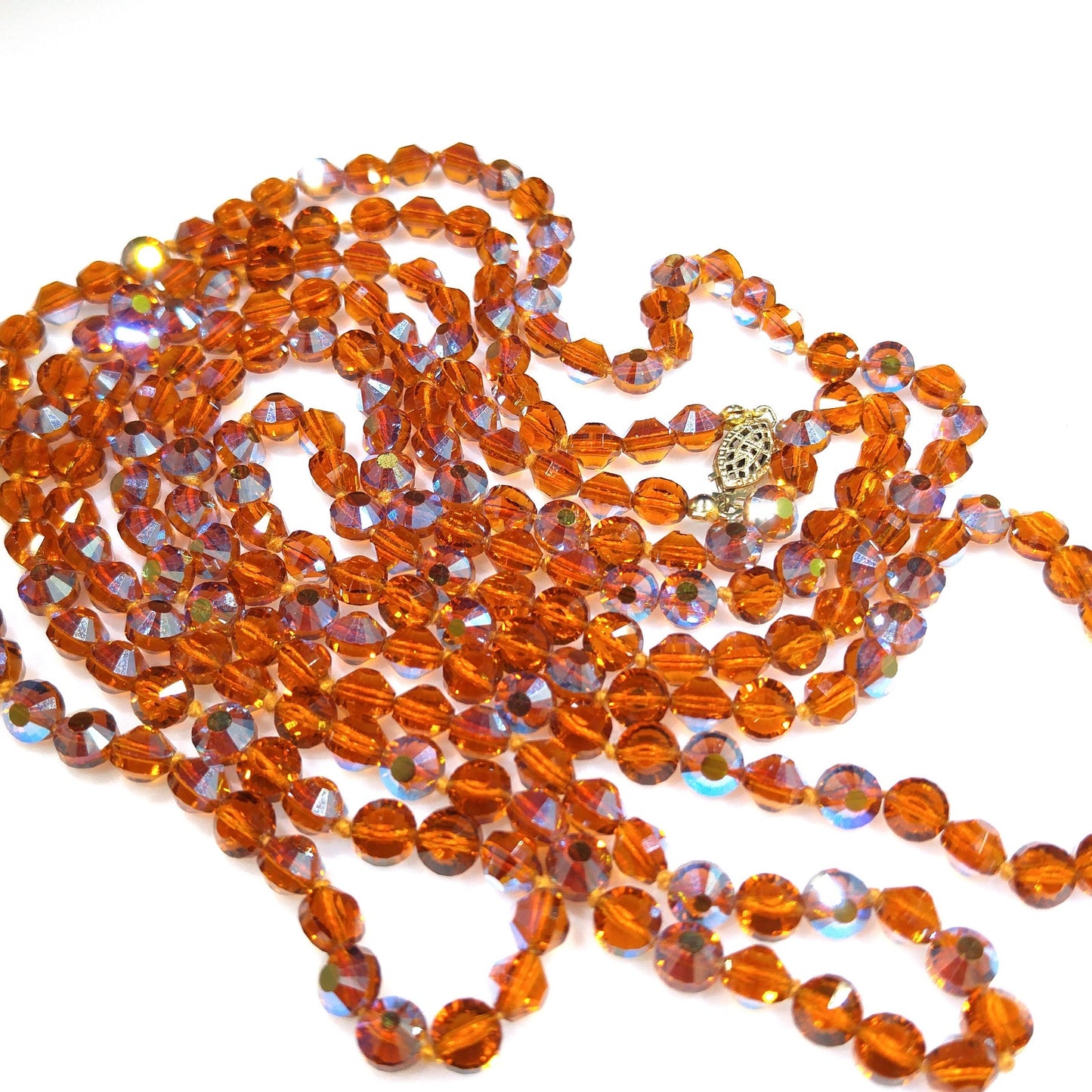 Topaz Austrian Crystal Beaded Necklace, 60 Inches, Aurora Borealis, 1960s Vintage Jewelry