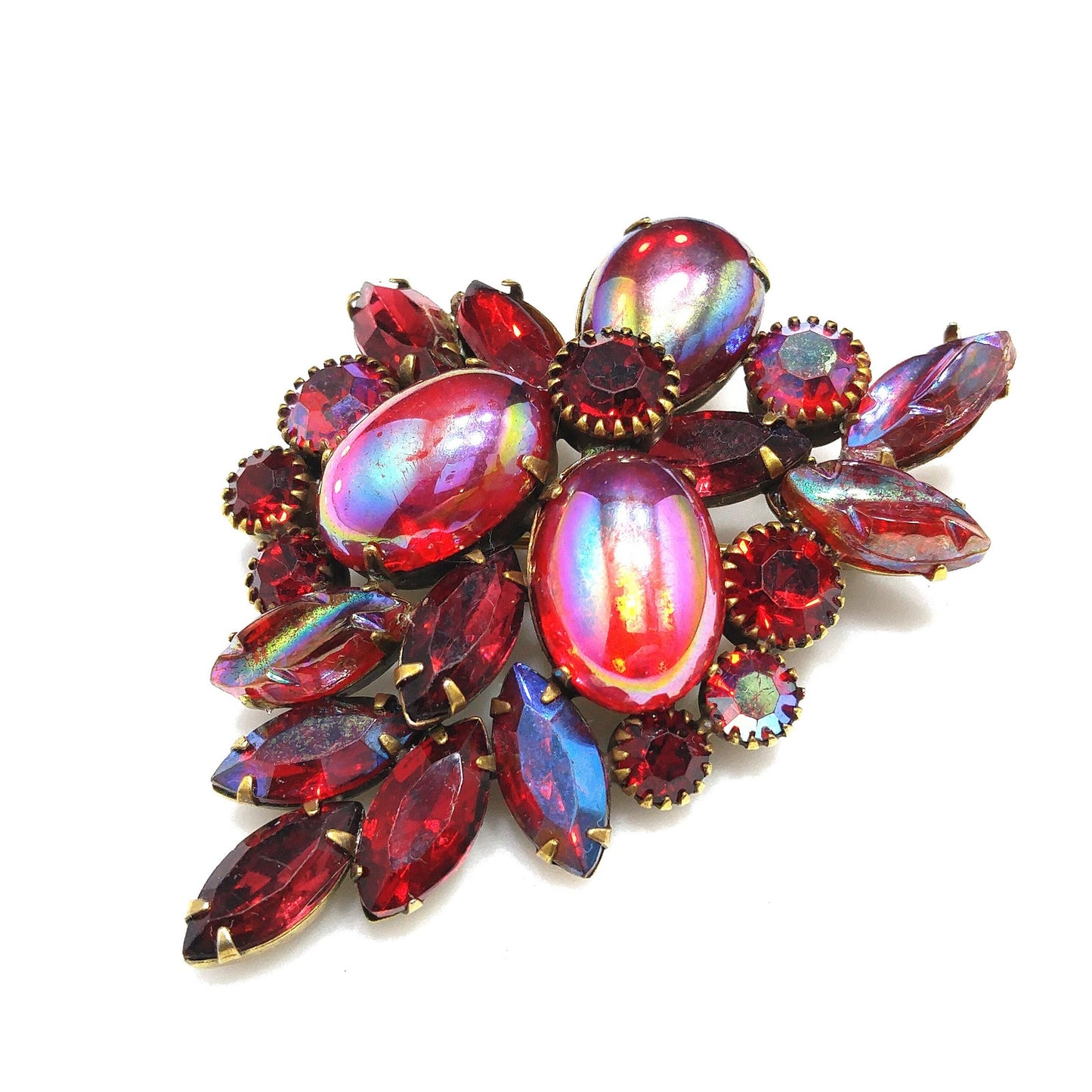 Kramer Red Iridescent Rhinestone Brooch, Aurora Borealis Rhinestones, 1960s Vintage Jewelry