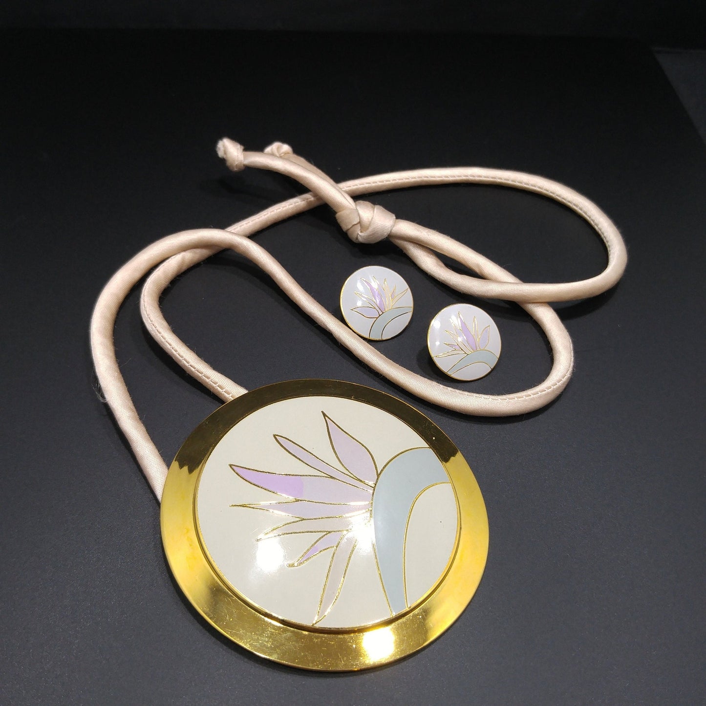 Laurel Burch "Bird of Paradise" Necklace & Earrings Set, Gold Plate Cloisonné Pastel Enamel, 1980s Vintage Jewelry