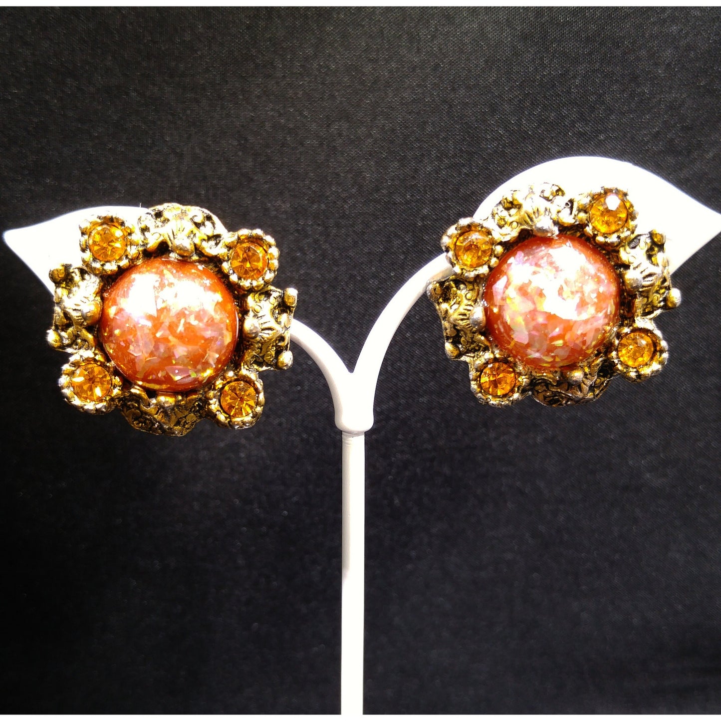Glitter Lucite Light Topaz Rhinestones Jewelry Set, Necklace Bracelet Clip Earrings, 1950s Vintage Jewelry