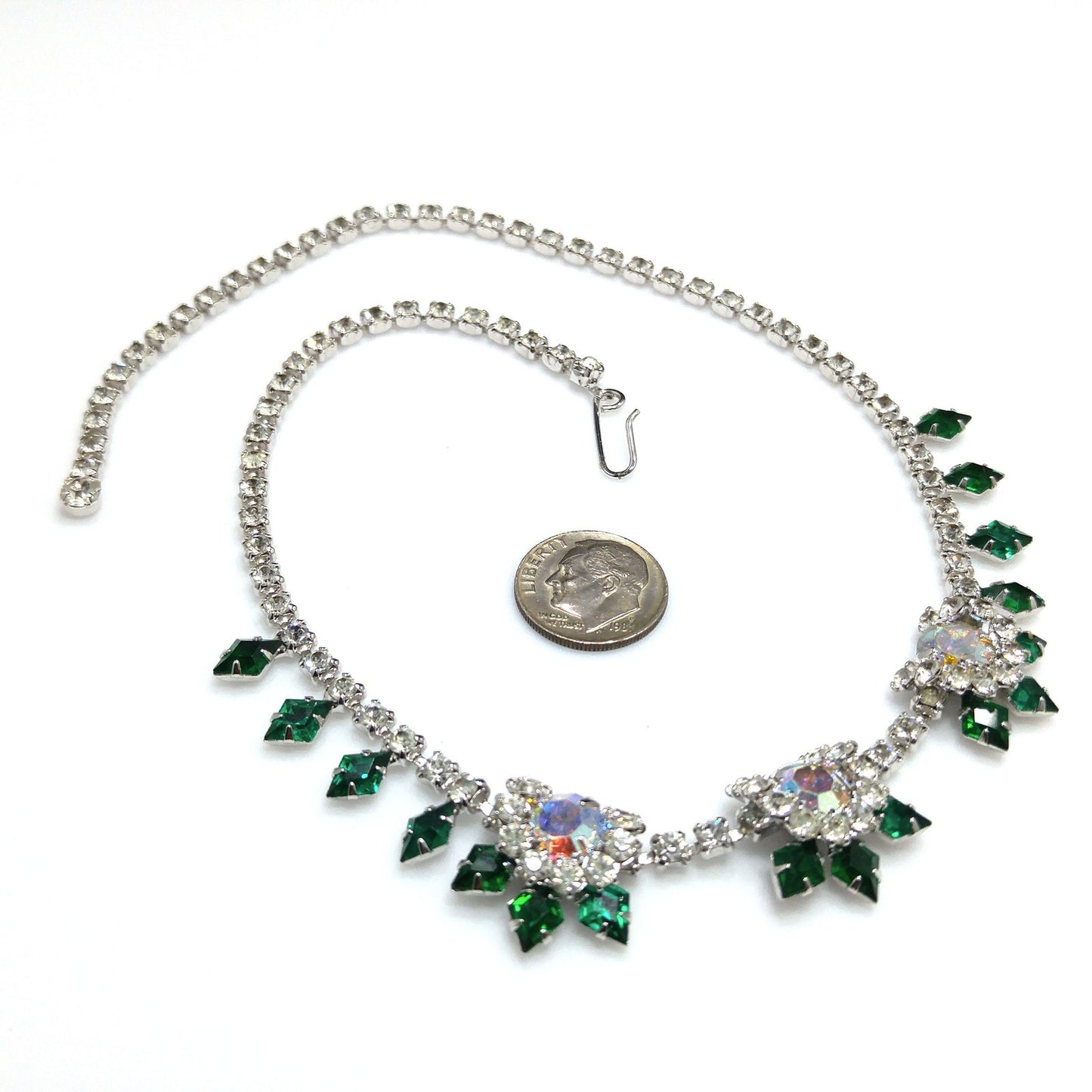 Vintage Green Clear Rhinestone Choker Necklace, Aurora Borealis, Rhodium Plated, 1960s Vintage Jewelry