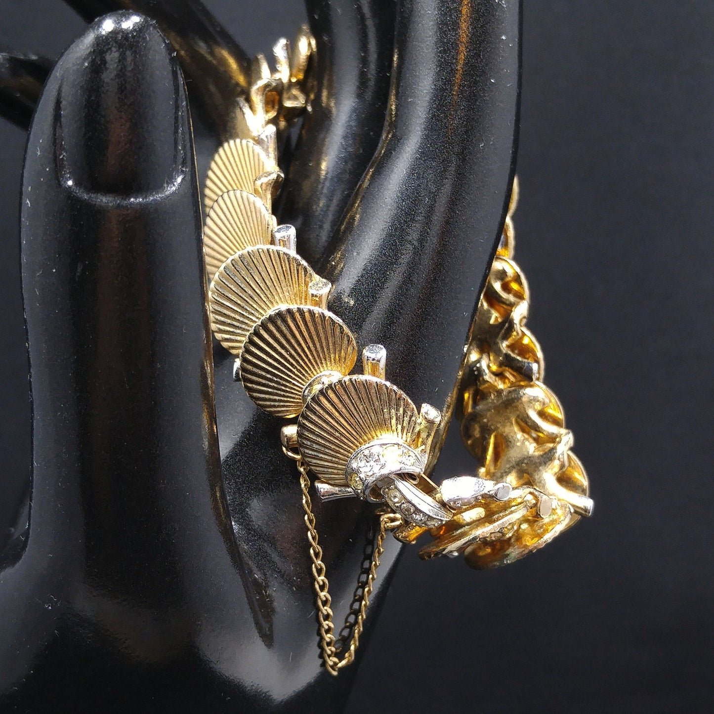 Boucher Deco Fan Bracelet, Clear Rhinestones, Overlapping Links, 1960s Vintage Jewelry