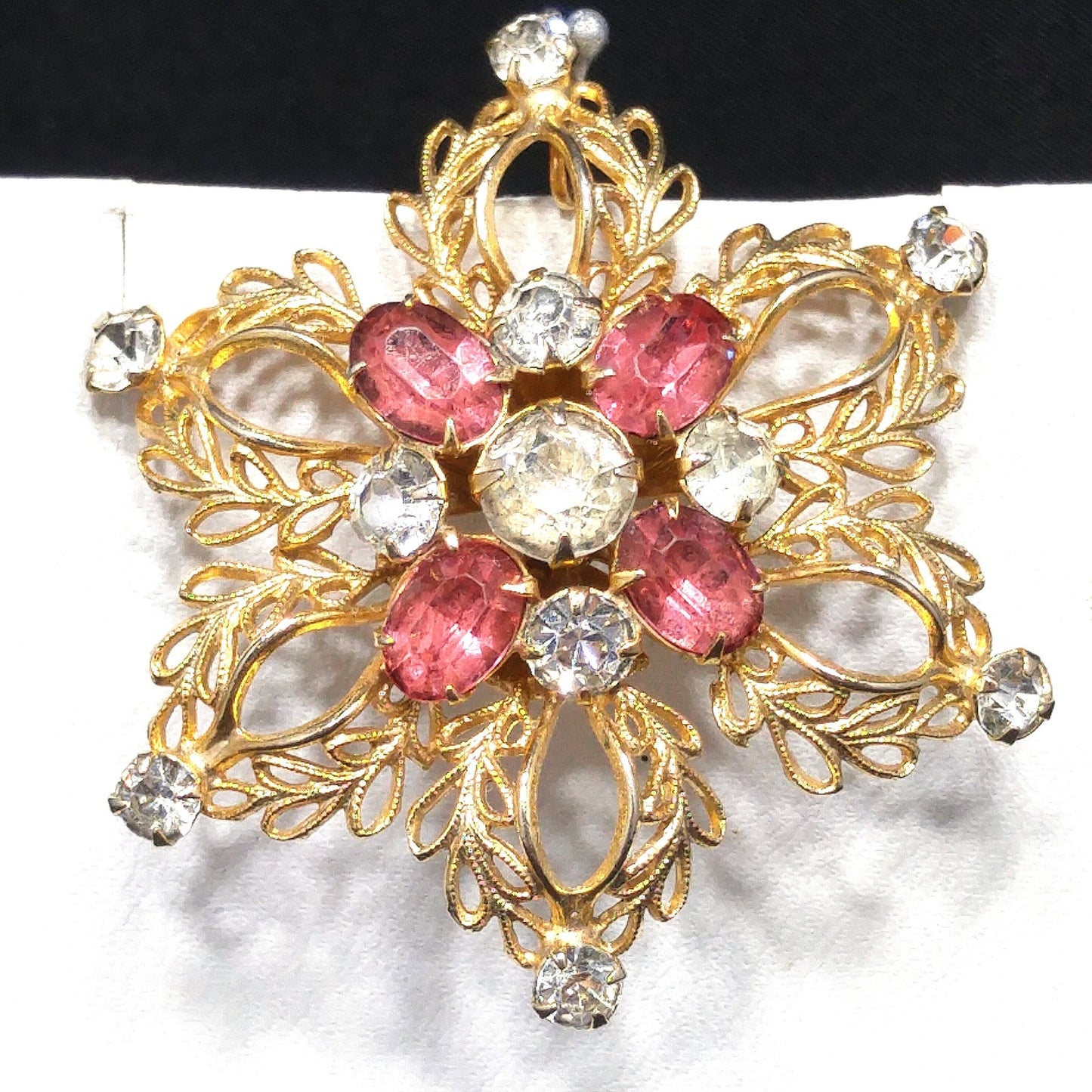 Scitarelli Mid-century Pink Clear Rhinestone Floral Brooch Pendant, 1950s Vintage Jewelry