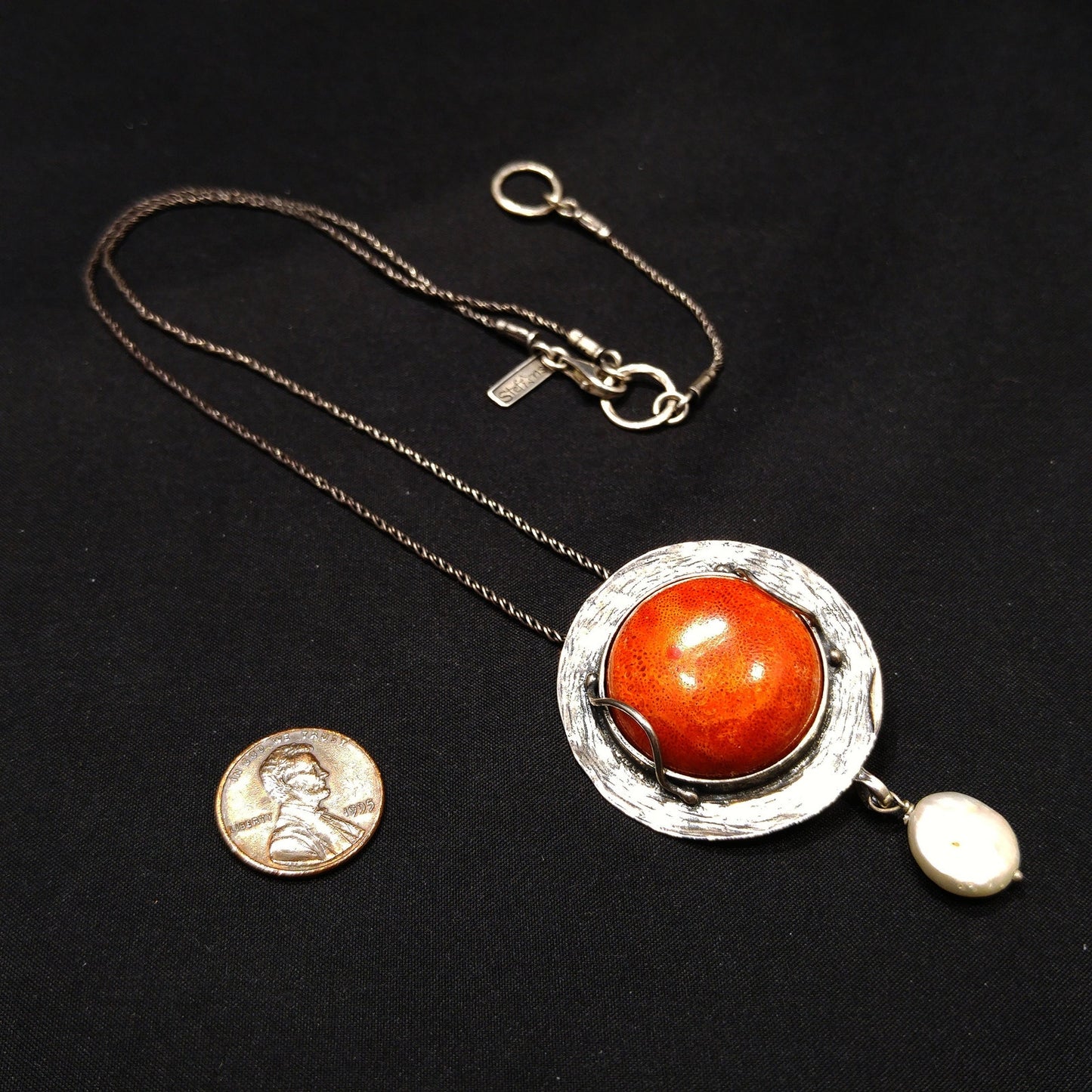 Sterling Silver Israel Artisan Pendant Necklace, Faux Pearl Dangle, 1990s Vintage Jewelry