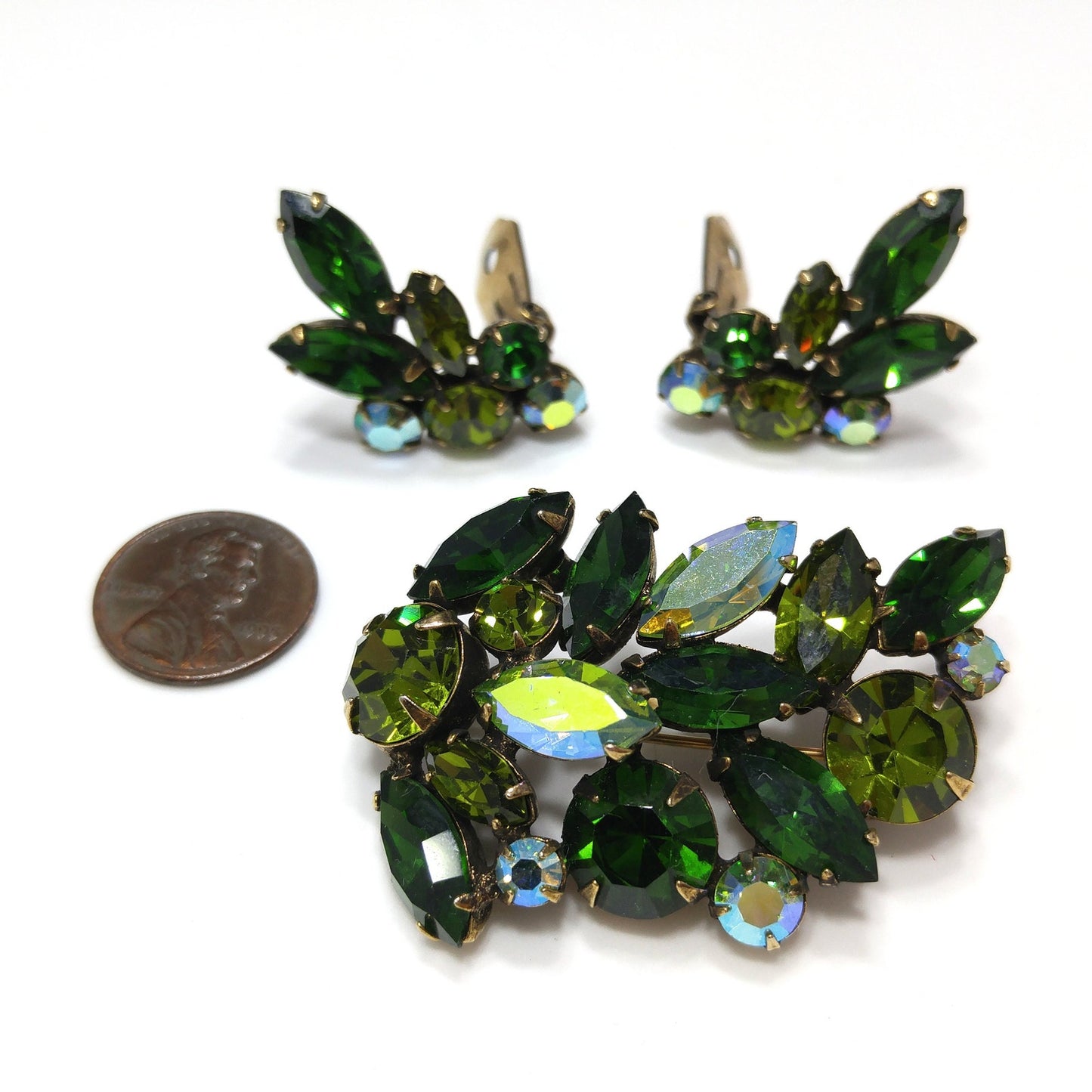 Green Crystal Rhinestone Brooch & Earrings, Aurora Borealis, 1960s Vintage Jewelry