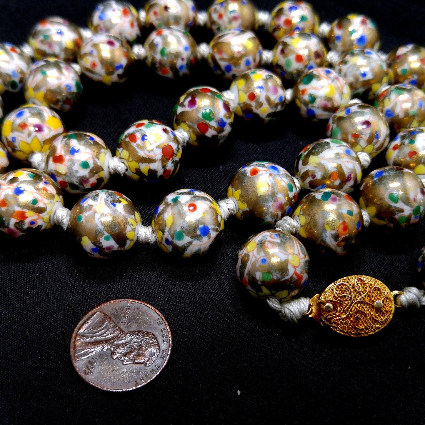 Vintage Chinese Hand Knotted Beaded Necklace, Hand Painted Floral Beads, 1940s Vintage Jewelry