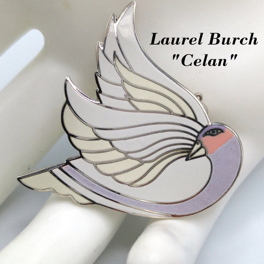 Laurel Burch "Celan" Bird Brooch, Rhodium Plated, White Lavender Enamel, 1980s Vintage Jewelry