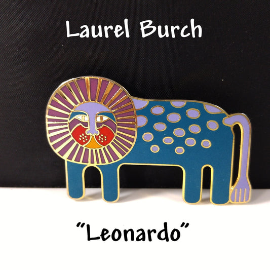 Laurel Burch "Leonardo" Brooch, Blue Enamel Gold Plated Lion, 1980s Vintage
