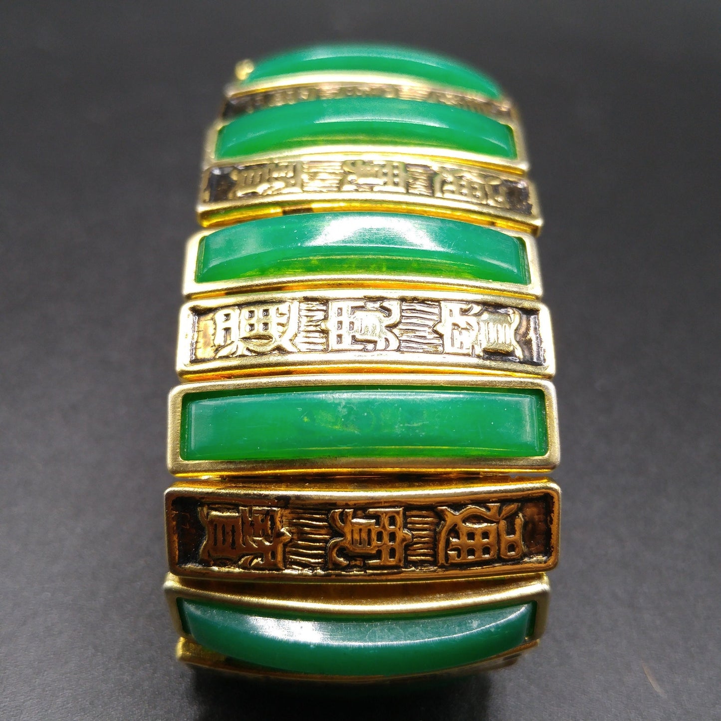 Asian Expansion Wide Bracelet, Green Lucite, Asian Writing, 1960s Vintage Jewelry