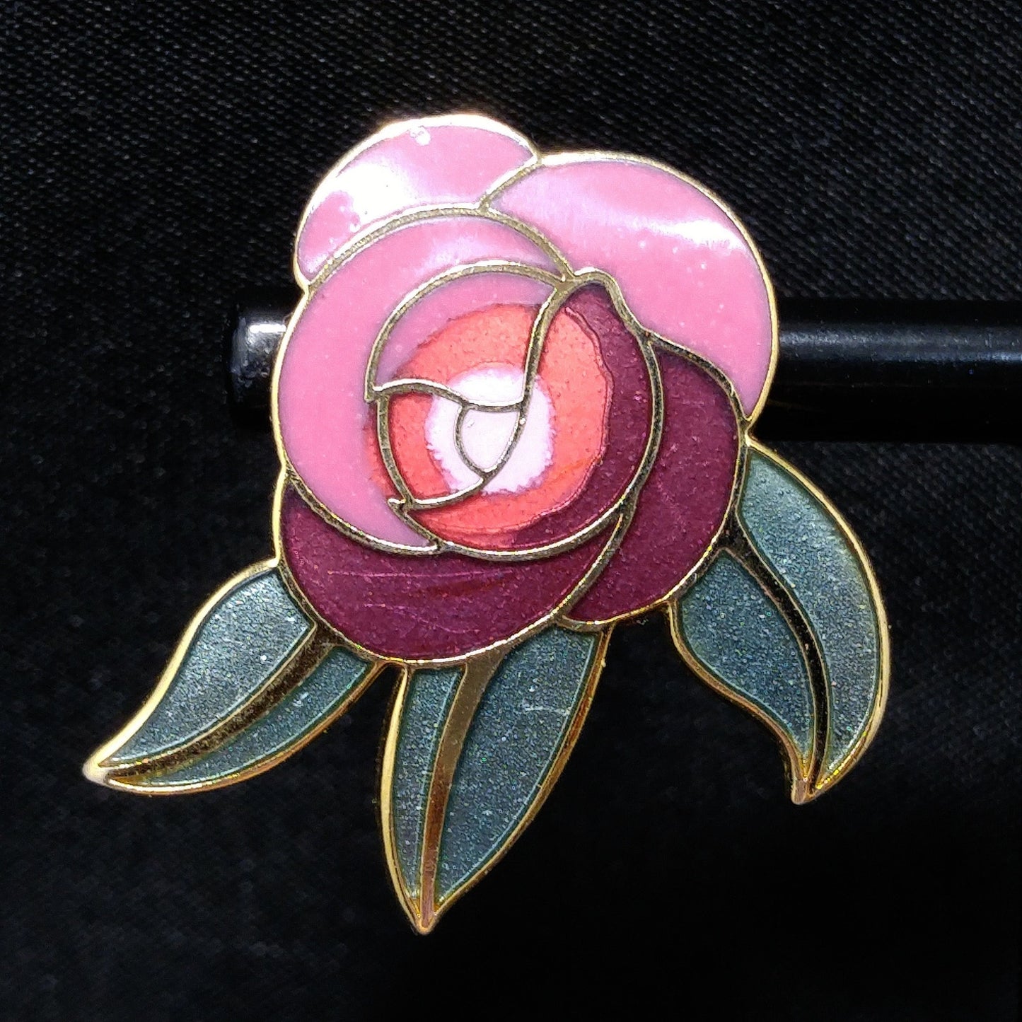 Laurel Burch "Deco Rose" Clip On Earrings, Pink Red Green Enamel, Gold Plated