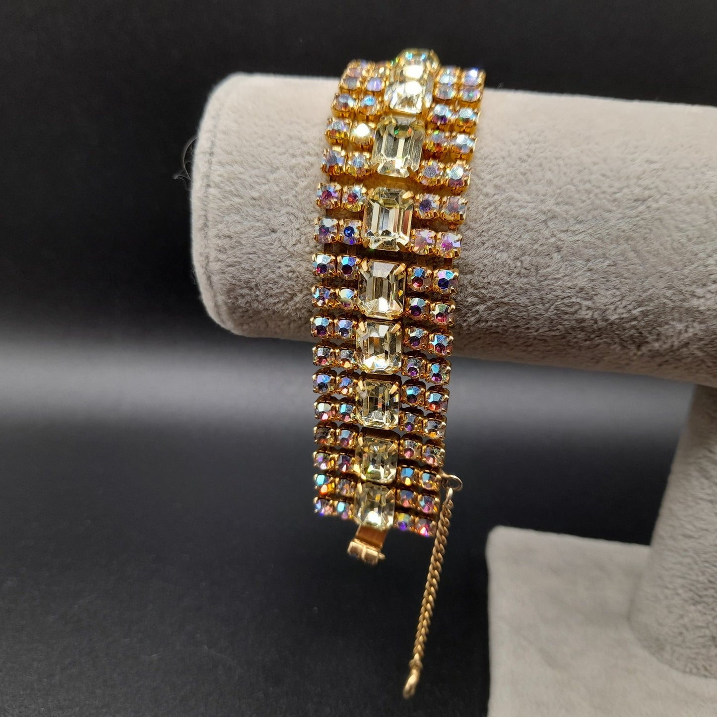 Jonquil Aurora Borealis Rhinestone Wide Bracelet, Gold Plated, 1960s Vintage Jewelry