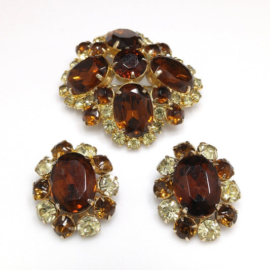Topaz Rhinestone Brooch & Clip Earrings Set, Gold Plated, 1960s Vintage Jewelry