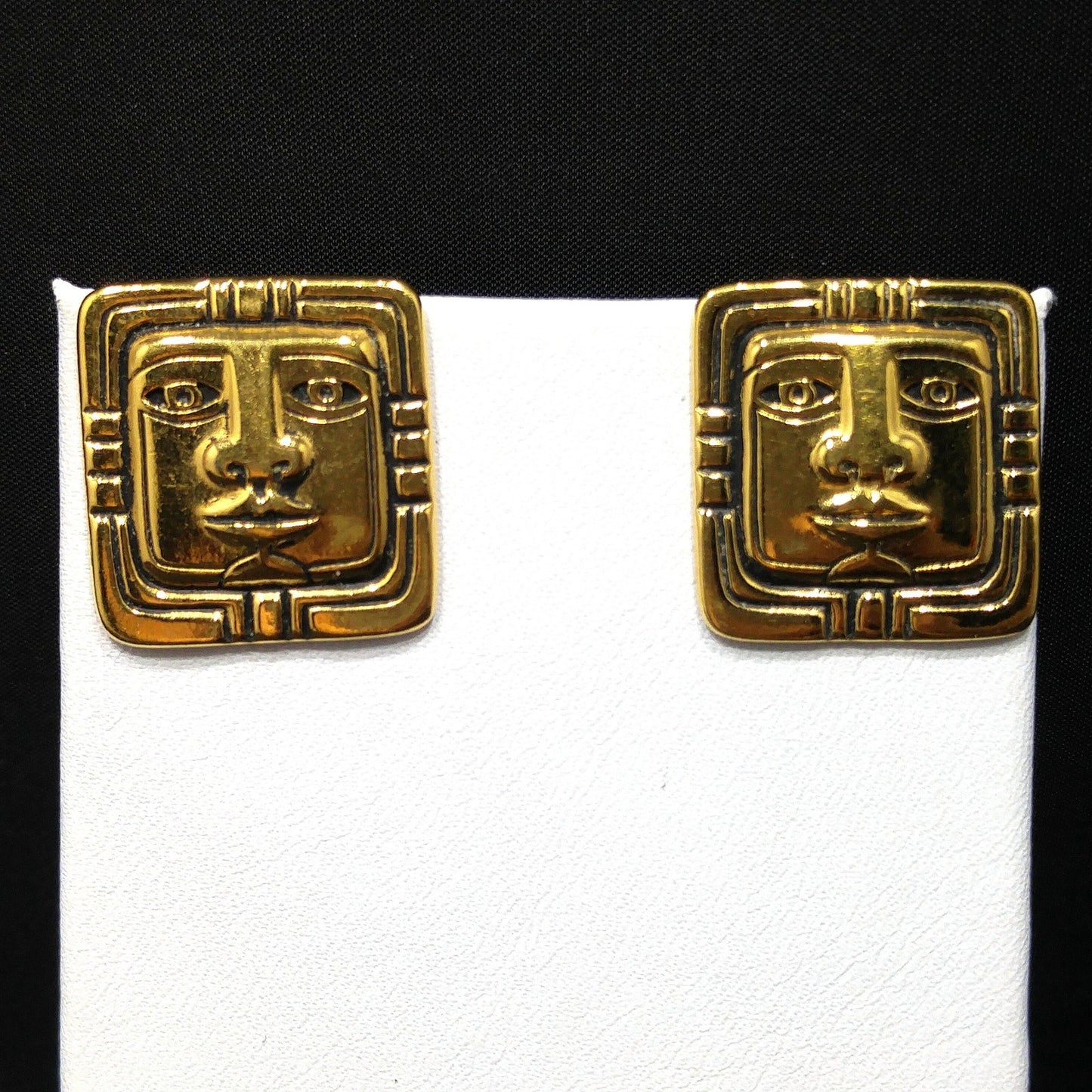 Vintage Laurel Burch Aztec Face Post Earrings, Gold Plated