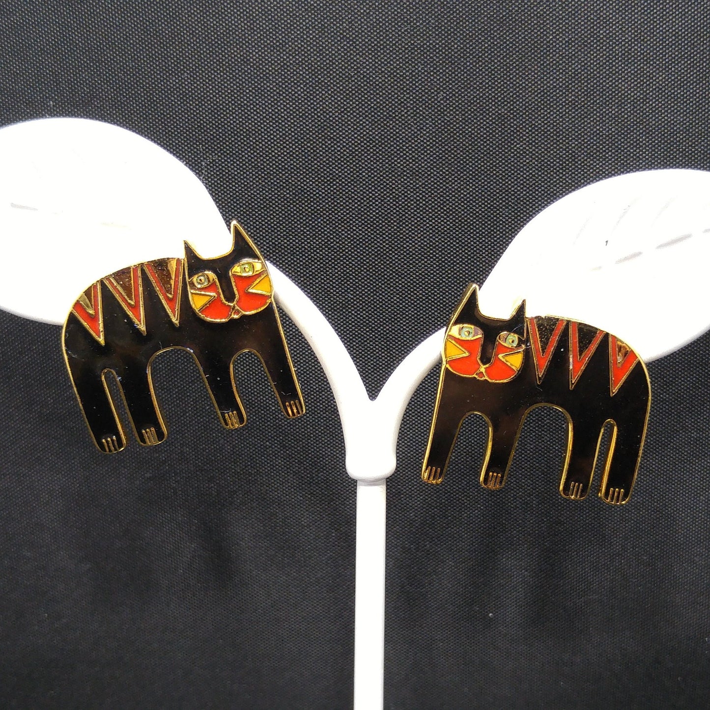 Vintage Laurel Burch Black Cat Post Earrings, Black Red Enamel, Gold Plated
