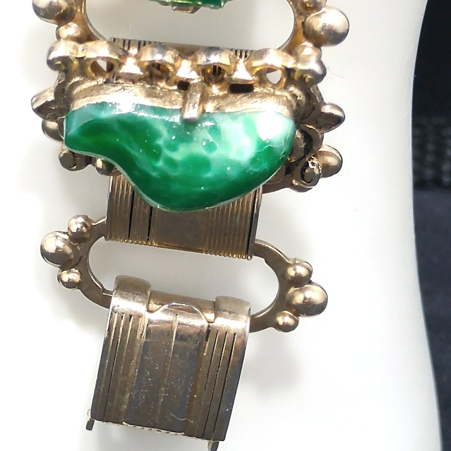 Vintage Book Chain Glass Links Bracelet, Green Red Brown White Glass, 1950s Vintage Jewelry
