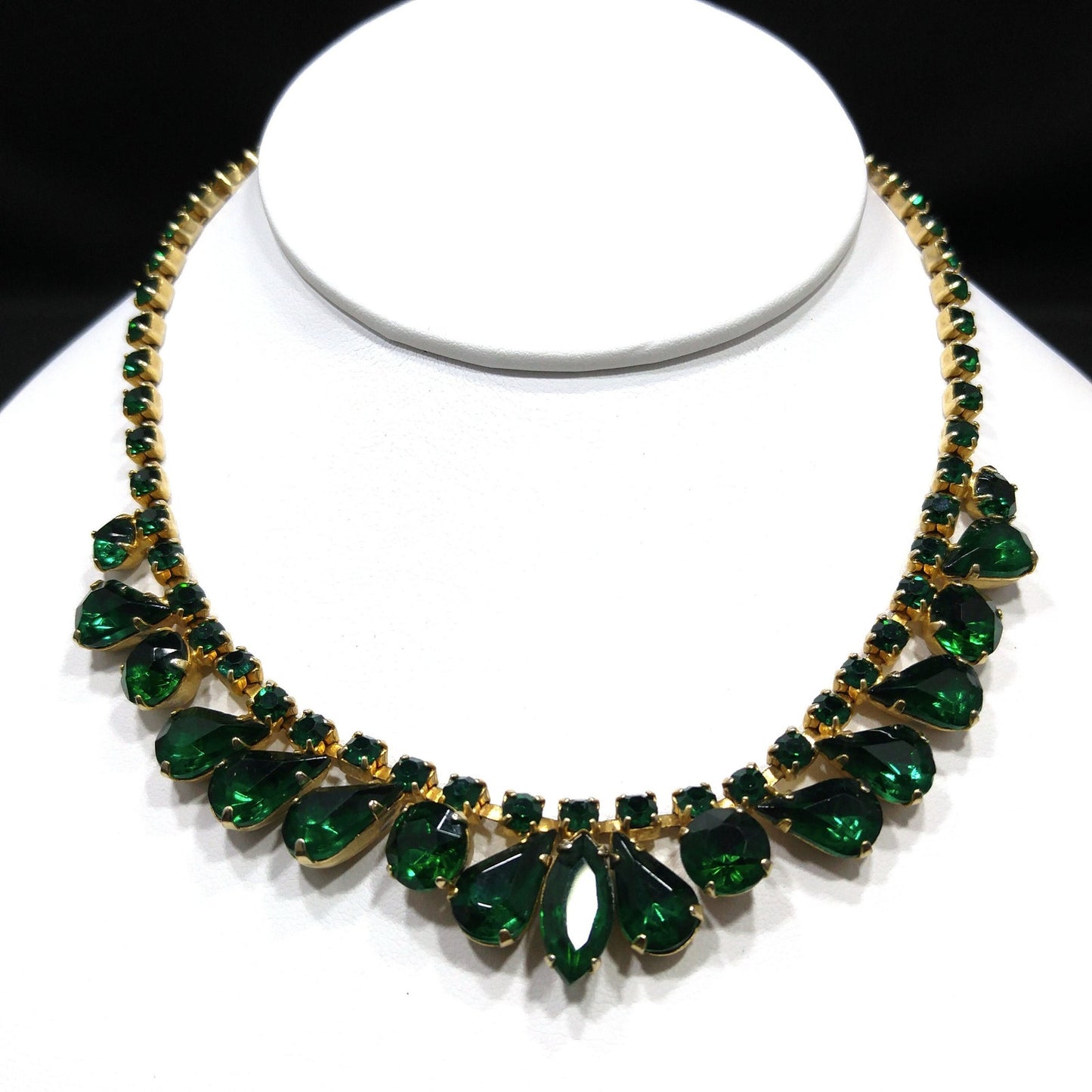 Vintage Emerald Green Rhinestone Choker Necklace, Gold Plated, 14 3/4 Inches, 1960s Vintage Jewelry