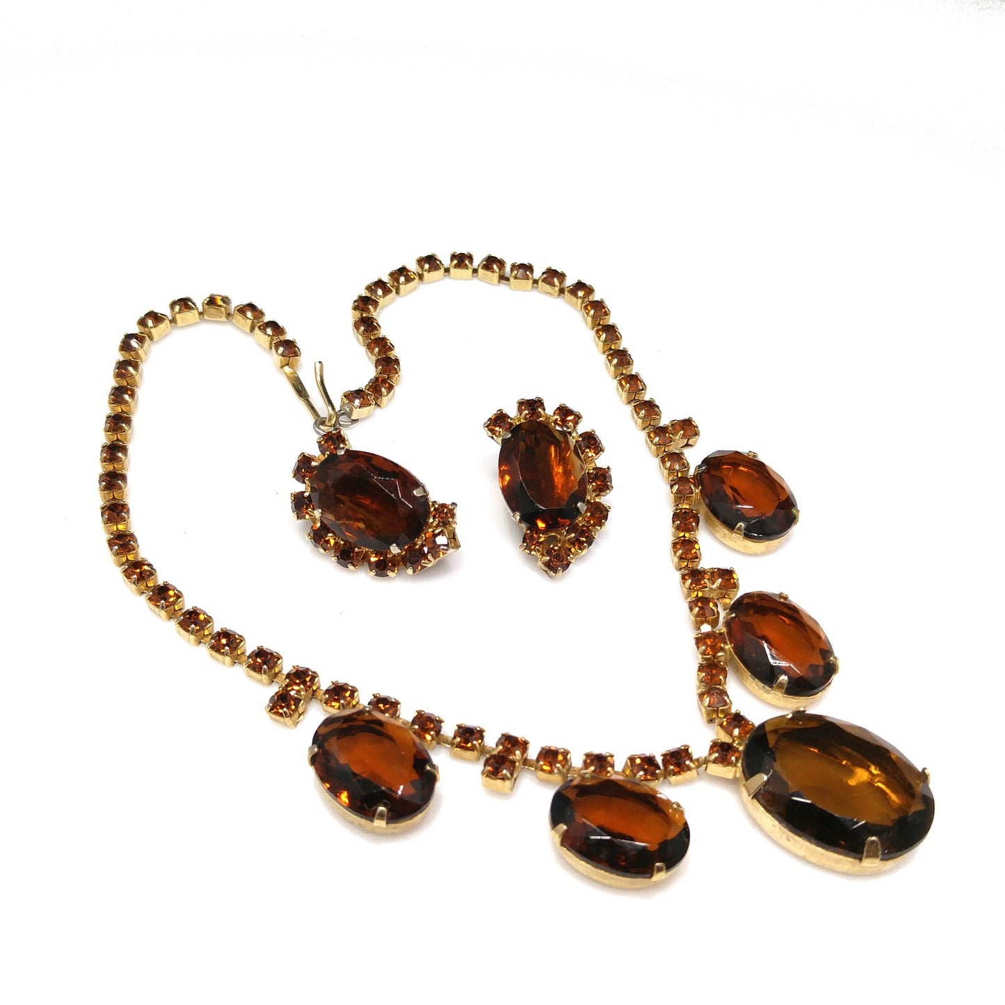Vintage Topaz Rhinestone Necklace & Earrings, Large Faceted Rhinestones, 1960s Vintage Jewelry