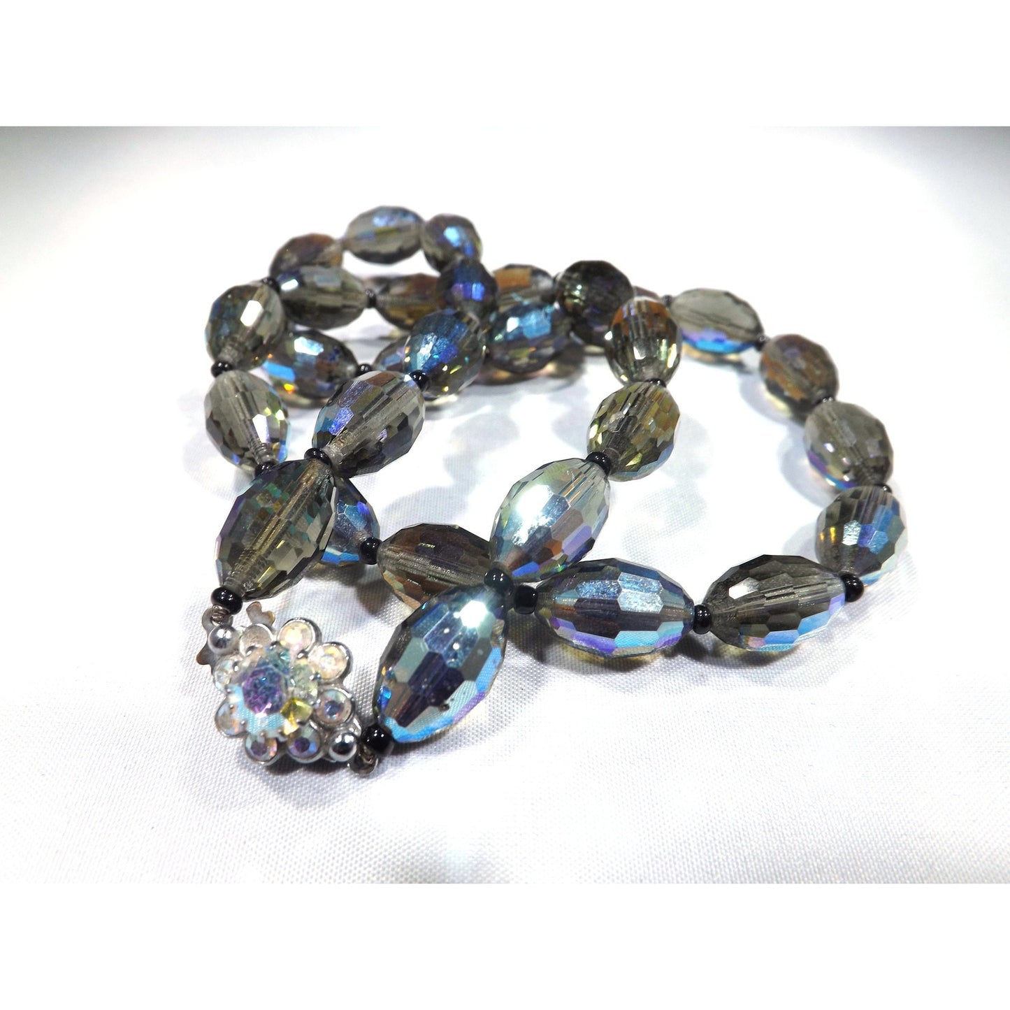 Vintage Chess Oval Aurora Borealis Crystal Beaded Necklace, Rhinestone Clasp, 1960s Vintage Jewelry