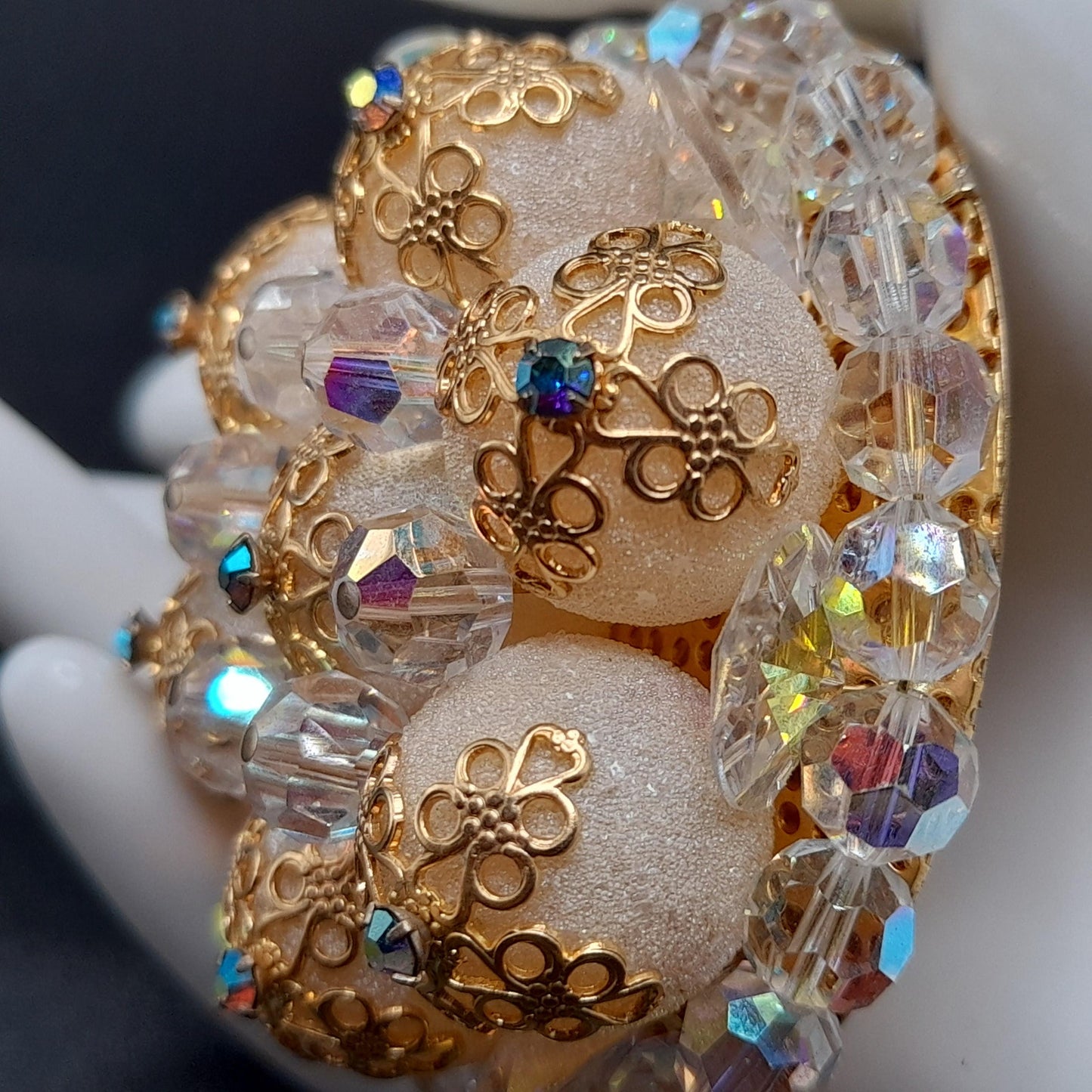 Vintage Crystal Bead Brooch, Aurora Borealis, Art Glass Globes, Filigree End Caps, 1960s Vintage Jewelry