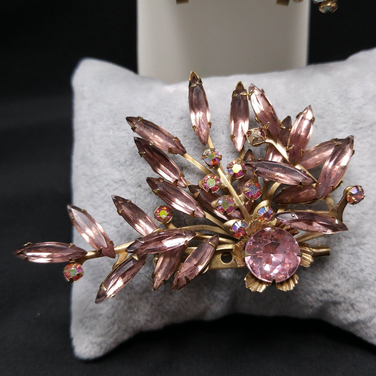 Pink Lavender Rhinestone Brooch Earrings, Riveted Design, 1950s Vintage Jewelry