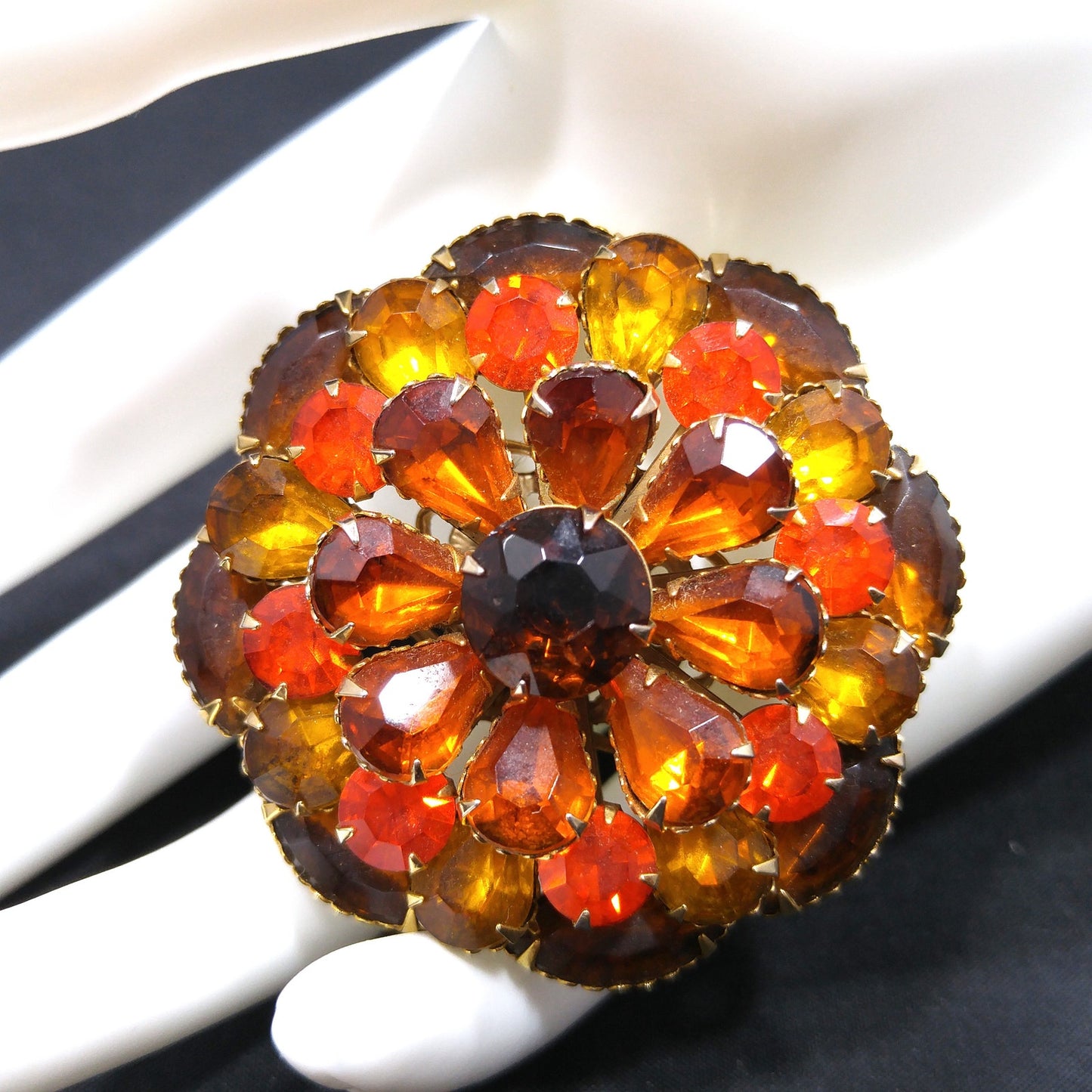 Autumn Fall Rhinestone Flower Brooch, Riveted Design, 1950s Vintage Jewelry