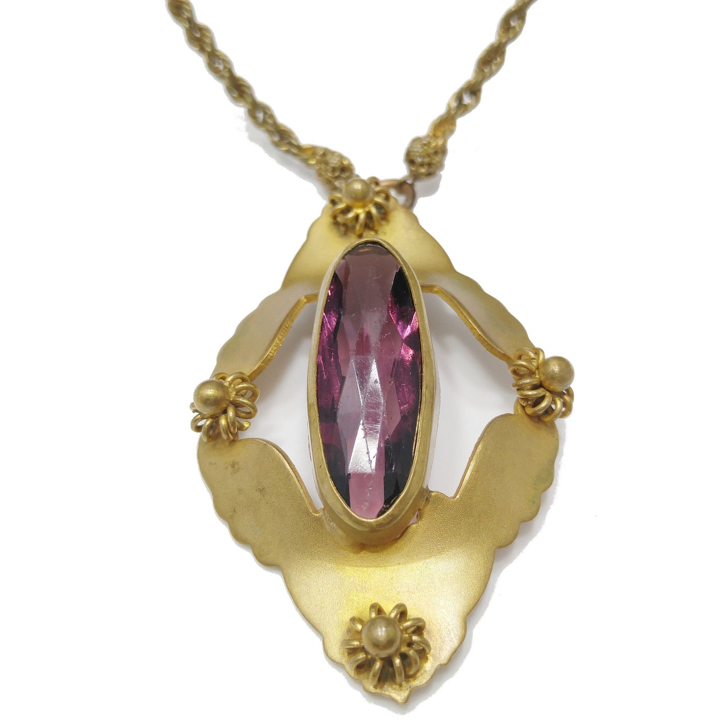 Victorian Purple Glass Pendant Necklace, Golden Brass, Early 1900s Vintage Jewelry