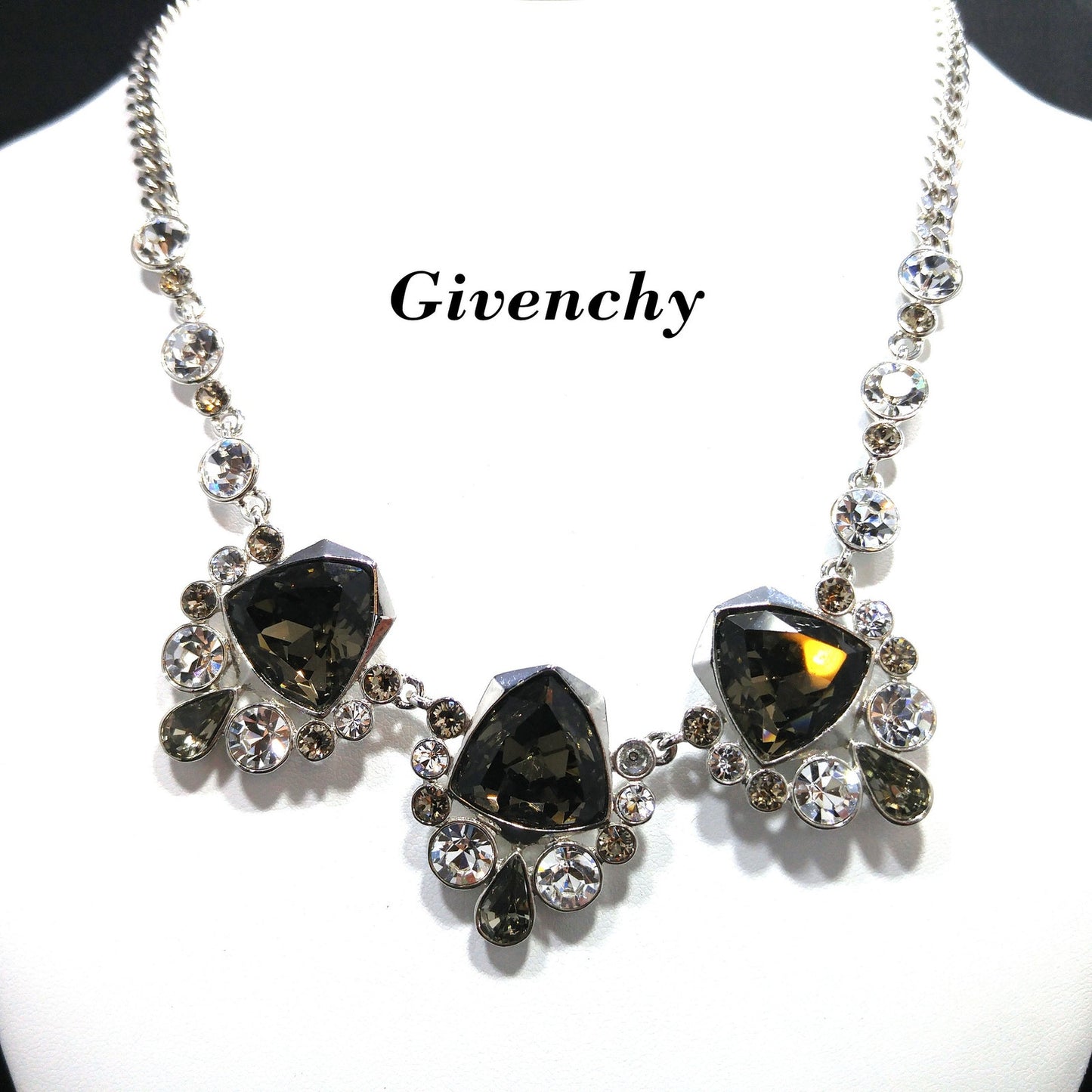Givenchy Smoky Rhinestone Choker Necklace – 1990s Vintage Jewelry, Rhodium Plated Adjustable Length 16–19 Inches