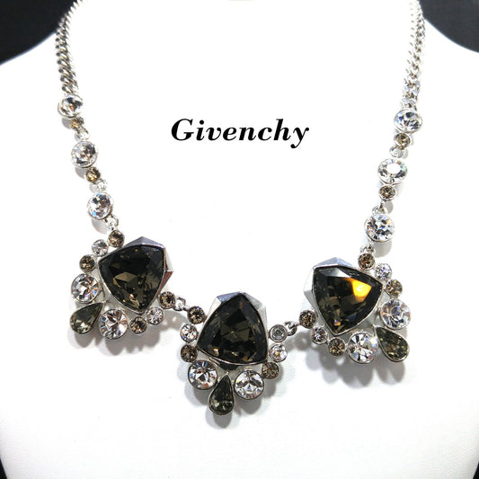 Givenchy Smoky Rhinestone Choker Necklace – 1990s Vintage Jewelry, Rhodium Plated Adjustable Length 16–19 Inches