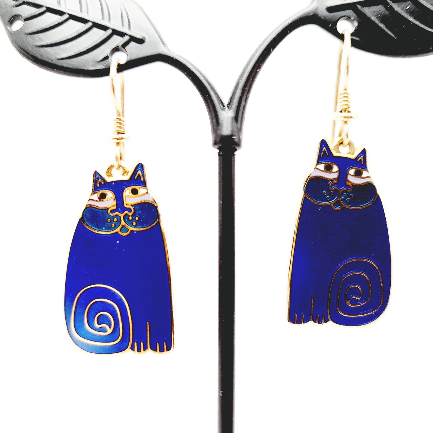 Vintage Laurel Burch Olivia Blue Cat Earrings Gold Plated