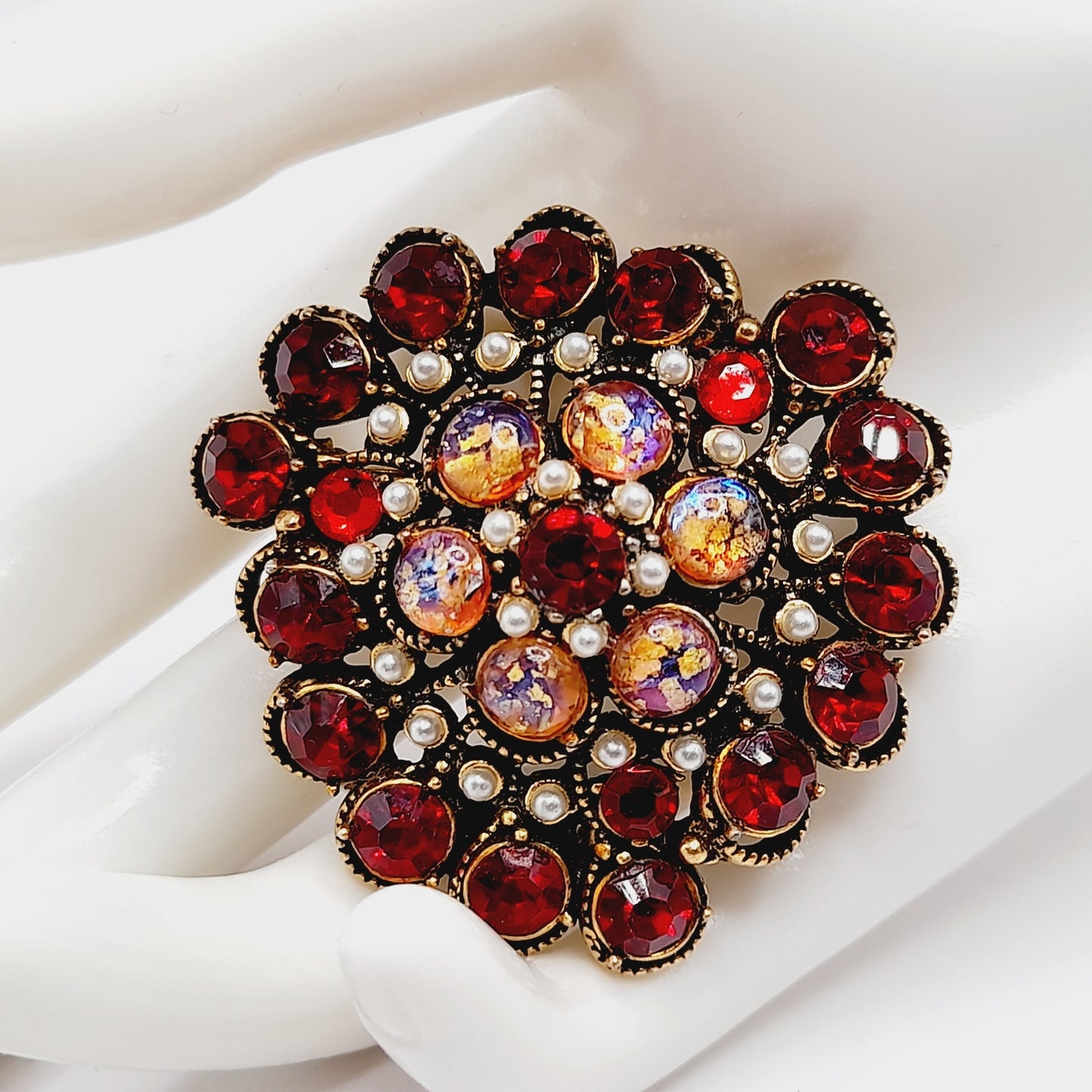 Hollycraft Vintage Red Rhinestone Cabochon Brooch, Faux Pearls, 1950s