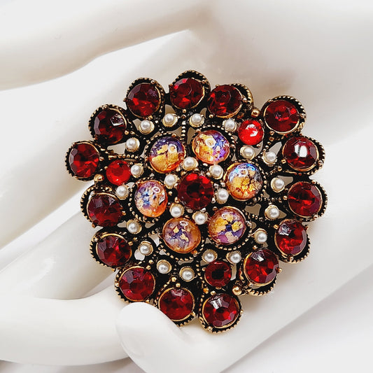 Hollycraft Vintage Red Rhinestone Cabochon Brooch, Faux Pearls, 1950s