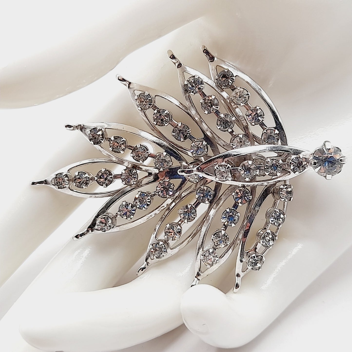 Vintage Clear Rhinestone Leaf Brooch Silver Tone Pin - 2 3/4 Inches Lightweight