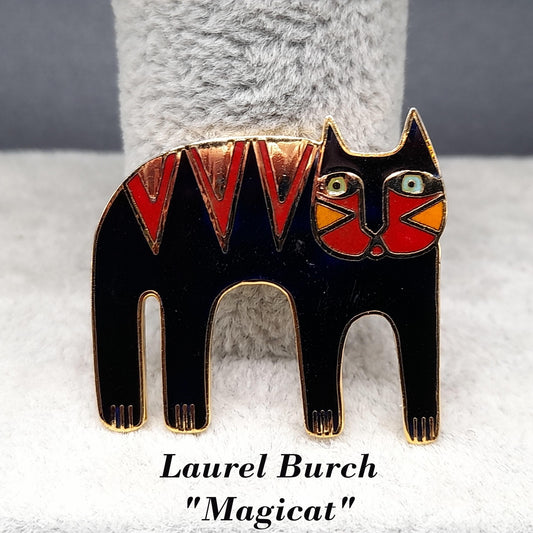 Laurel Burch Magicat Brooch, Black Red Enamel Cloisonne, Gold Plated, 1980s Vintage Jewelry