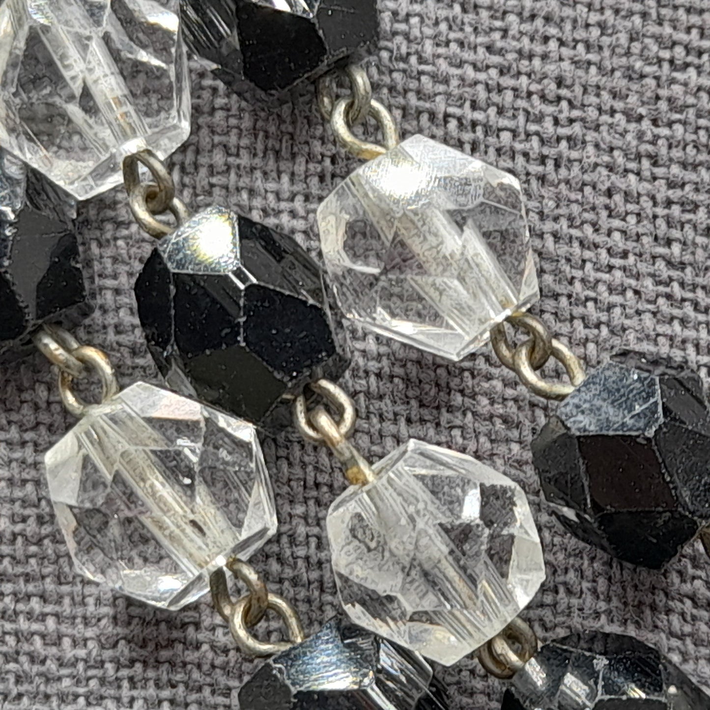 Vintage Art Deco Black and Clear Crystal Necklace – 1920s Wire Wrapped Flapper Beads – 53 Inches