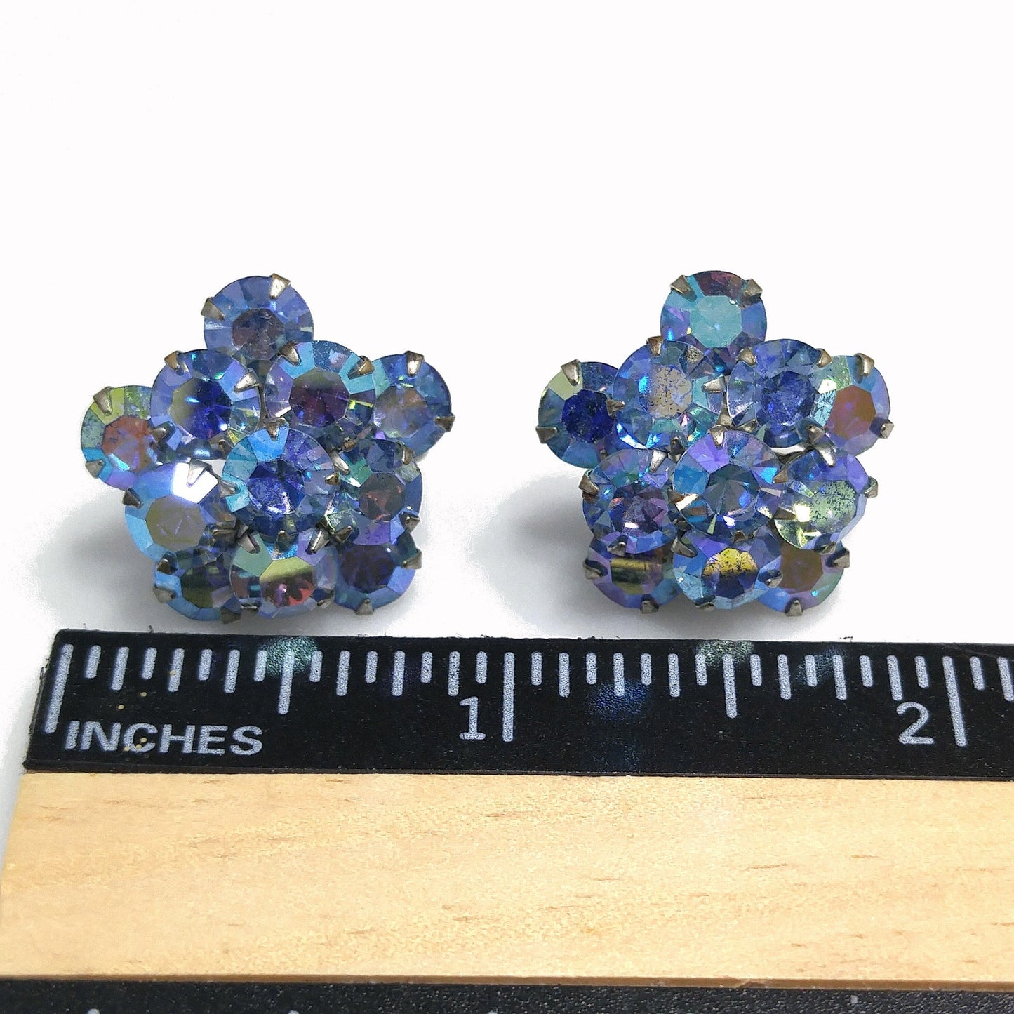 Weiss Blue Aurora Borealis Earrings, Screw Back Gold Plated, 1950s Vintage