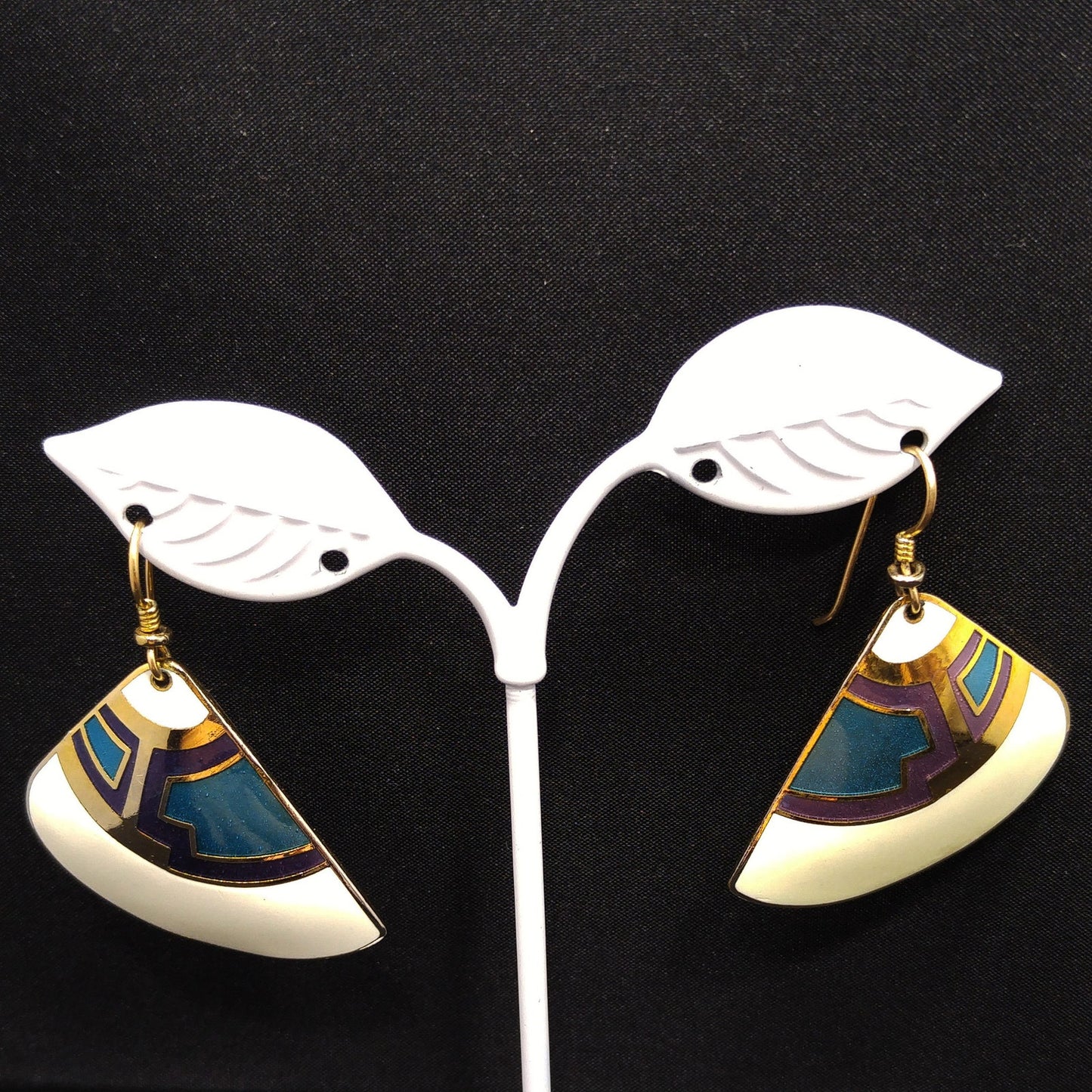 Laurel Burch White Purple Blue Enamel Fan Earrings, Gold Plated Cloisonne, 1980s Vintage Jewelry