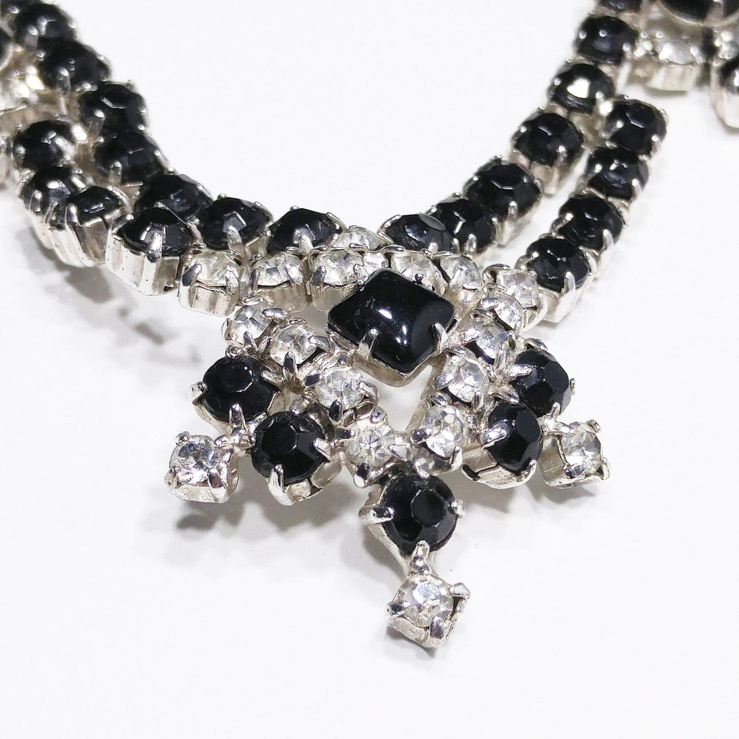 Vintage Black & Clear Rhinestone Festoon Necklace, Rhodium Plating, 1950s
