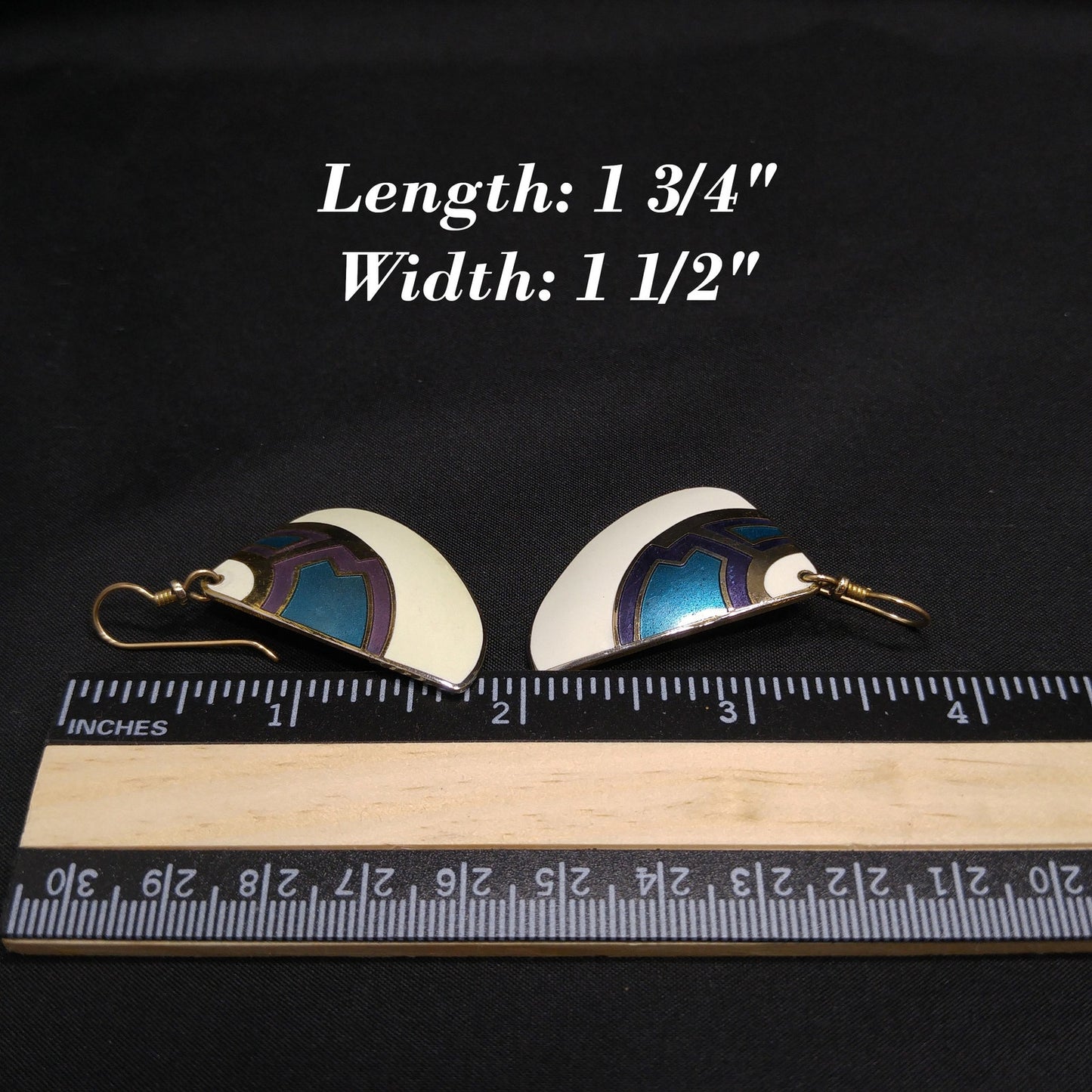 Laurel Burch White Purple Blue Enamel Fan Earrings, Gold Plated Cloisonne, 1980s Vintage Jewelry
